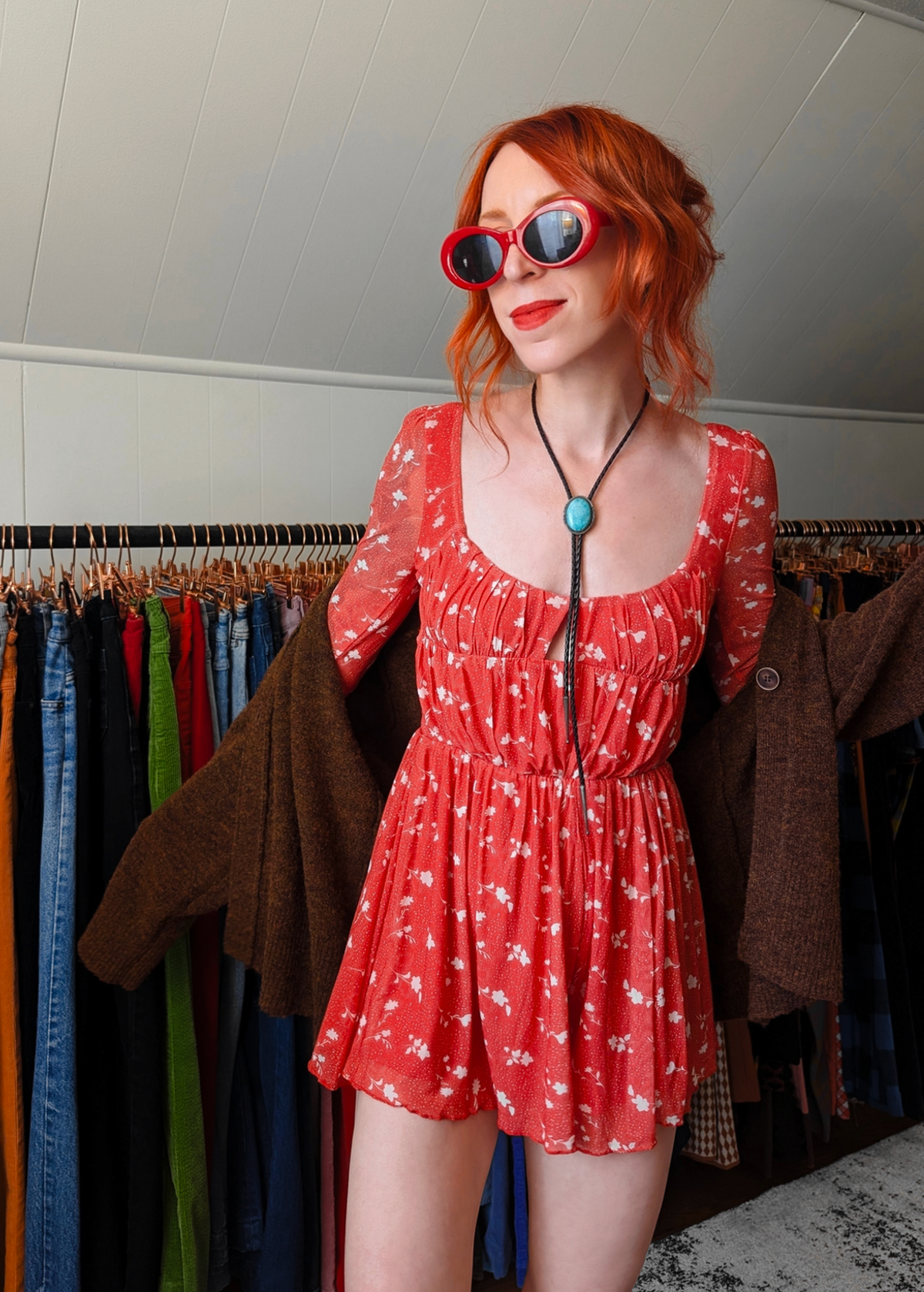 Sun Faded Red Floral Smocked Mesh Playsuit