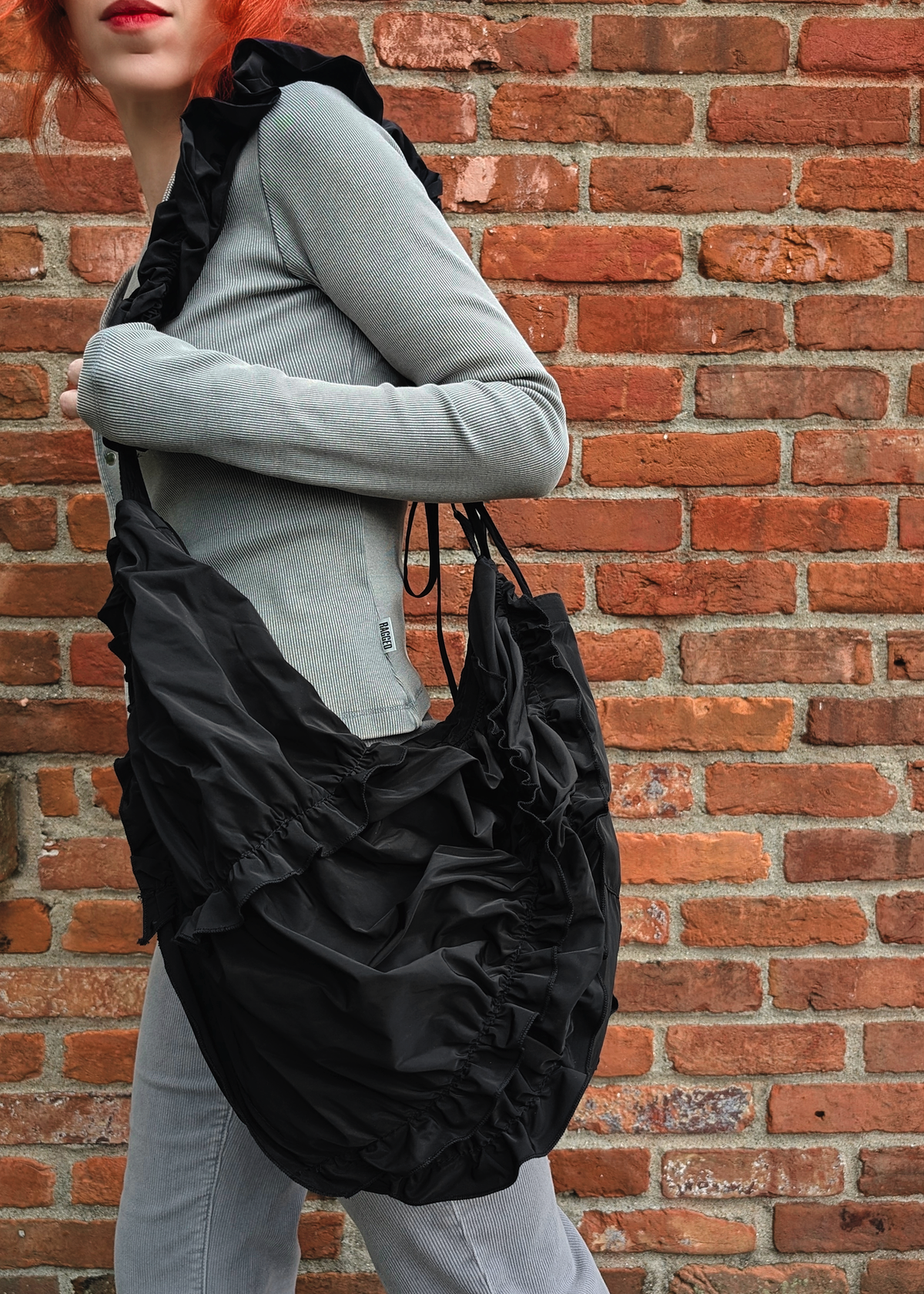 Black Ruffle Taffeta Oversized Crossbody Bag
