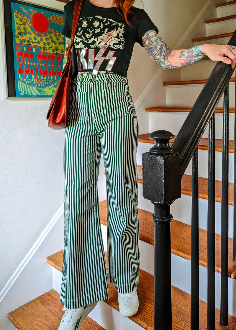 70s inspired high rise waist stretch cotton basil green and white stripe sailor wide leg crop pant jean by Rolla's Jeans
