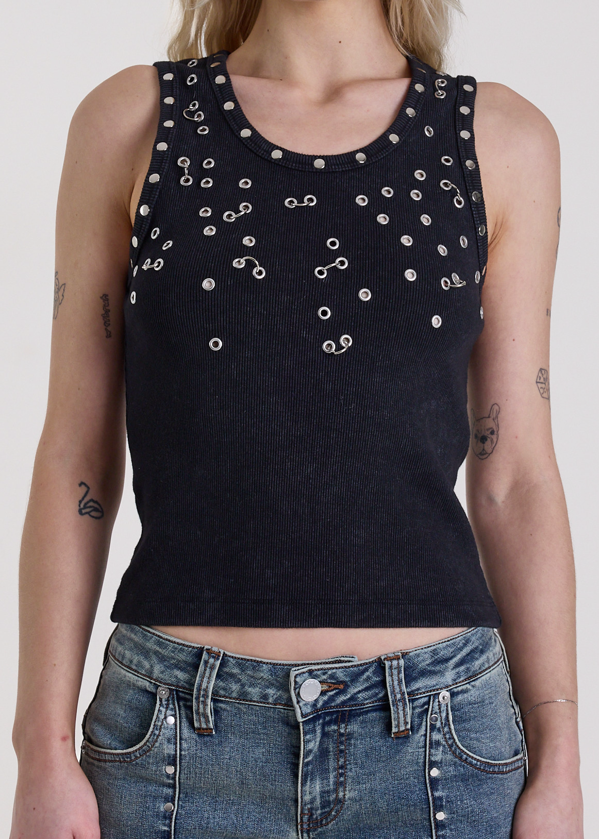 Scatter Piercing Eyelet Rib Tank - Washed Black <br> COMING SOON! </i>