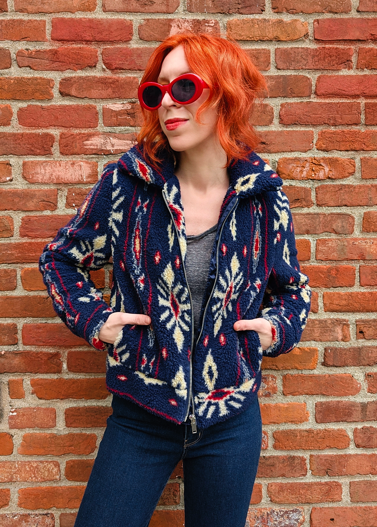 BOG Collective Navy and Garnet Southwest Sherpa Jacket with collar, zipper front, and snaps at cuffs