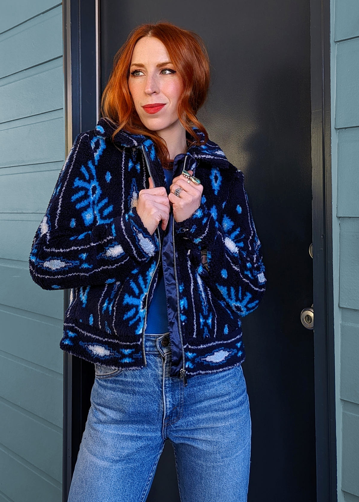 70s inspired navy blue faux sherpa shearling collared zip front Southwest Pattern jacket by Band of the Free
