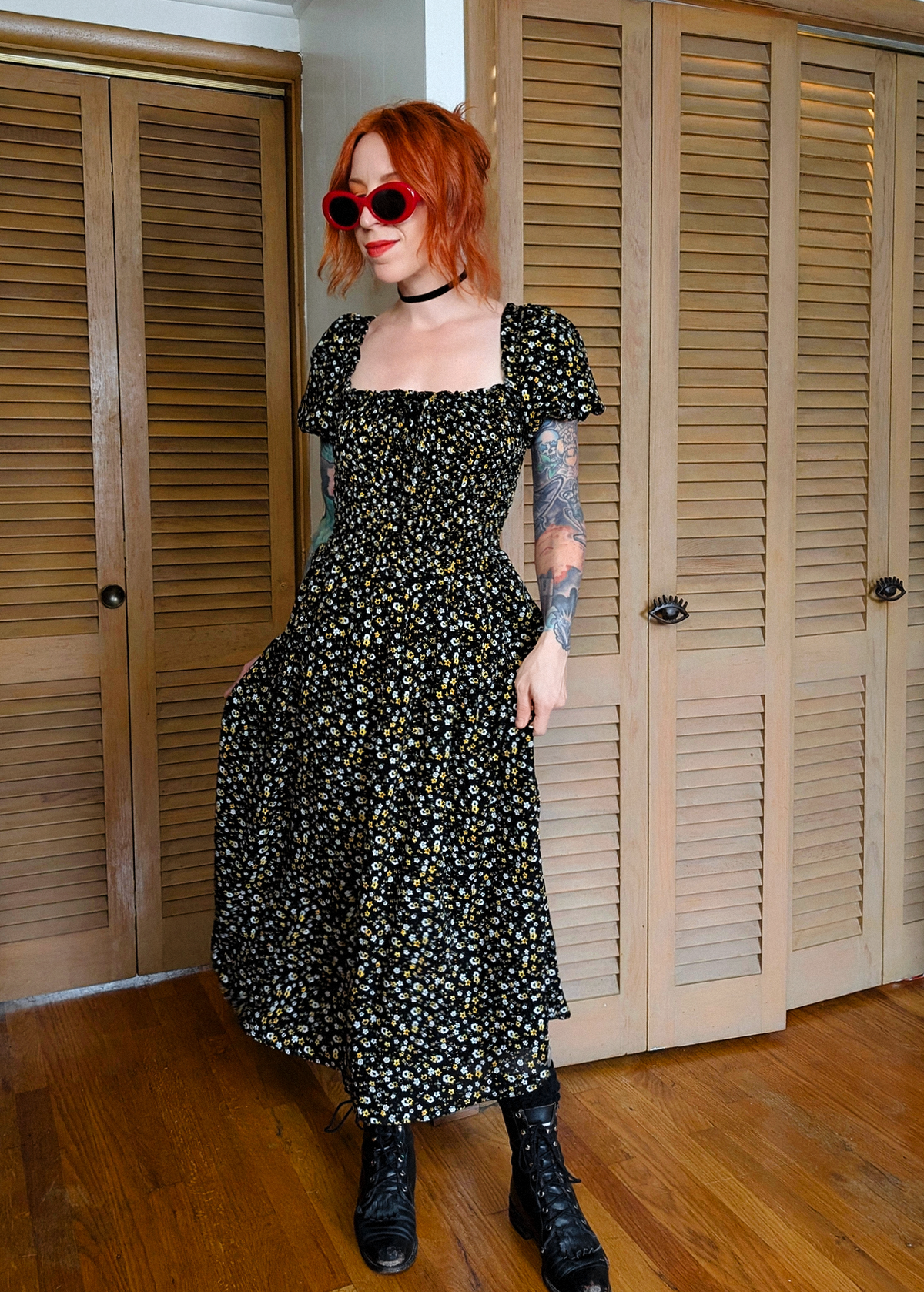 Black & Yellow Floral Shirred Midi Dress