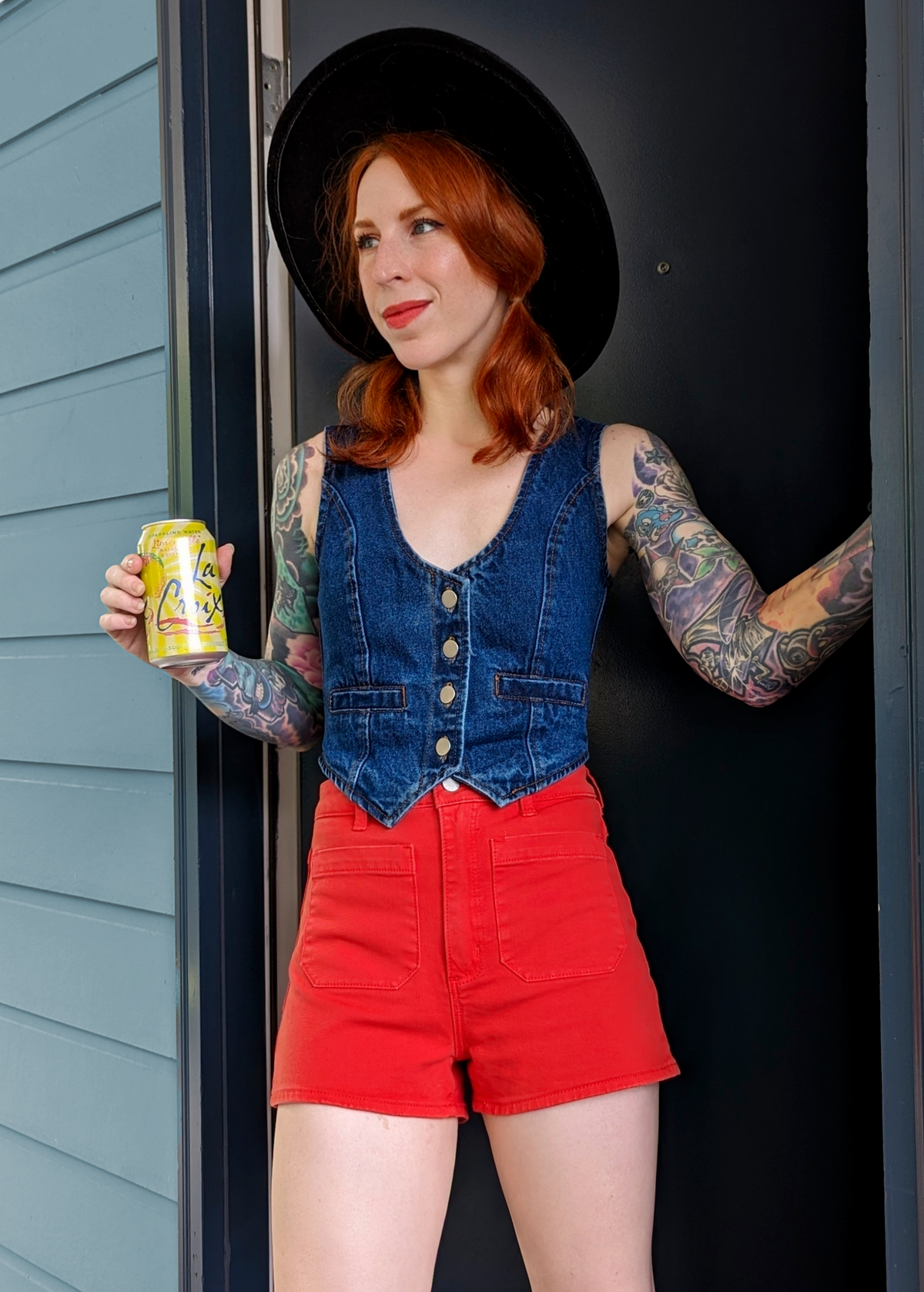 70s inspired Blood Orange Red high rise waist Sailor Patch Front Pocket Stretch Cotton Denim Shorts by Rolla's Jeans