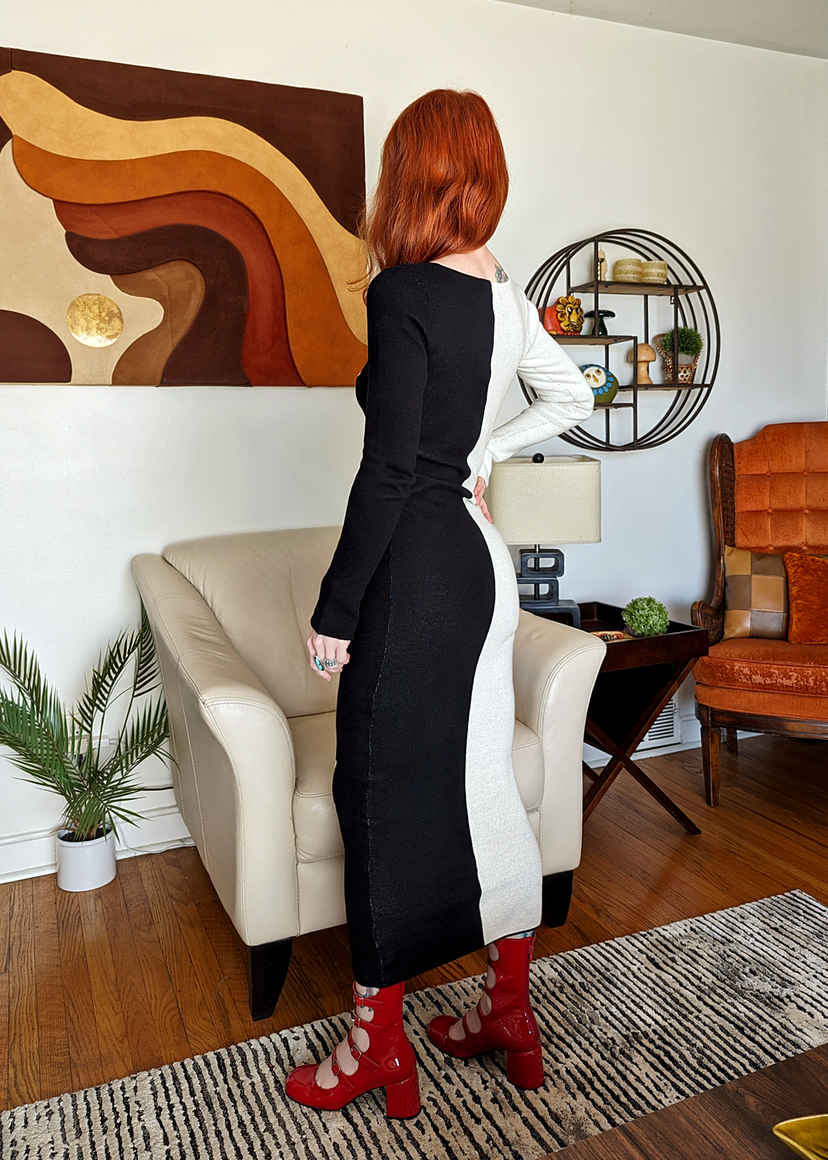 Ivy Colorblock Black and Ivory White Organic Cotton Knit Long Sleeve Midi Dress by Another Girl XS Ivy Colorblock Black and Ivory White Organic Cotton Knit Long Sleeve Midi Dress by Another Girl XS