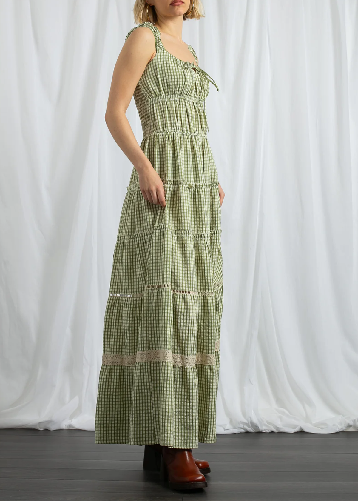 Green Gingham Tiered Milkmaid Maxi Dress by Daisy Street Black Salt Green Gingham Tiered Milkmaid Maxi Dress by Daisy Street Black Salt