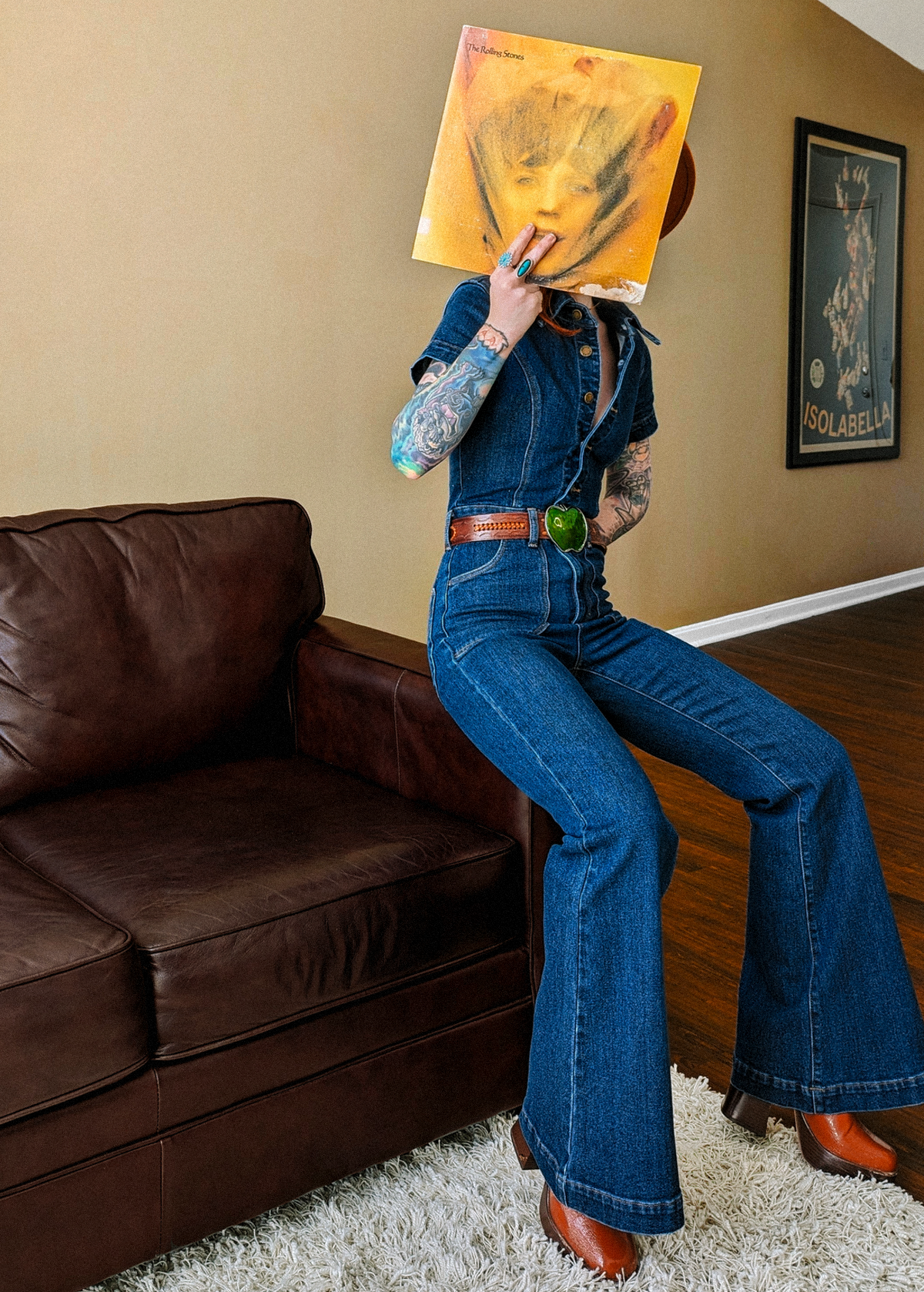 70s inspired stretch blue denim Eastcoast Flare Jumpsuit with collar and button front by Rolla's Jeans