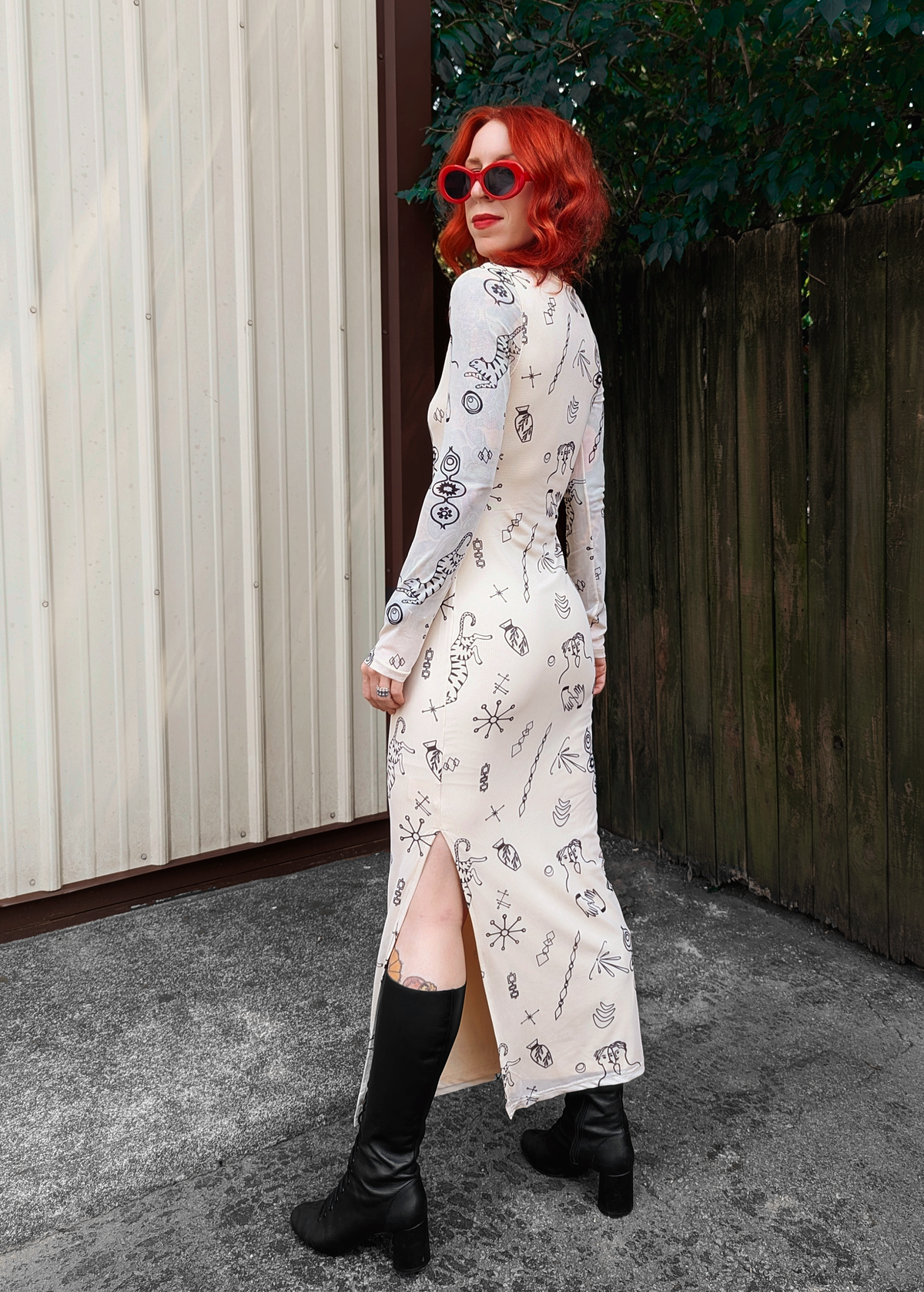 Doodle Print Cream Mesh Long Sleeve Midi Maxi Dress by Another Girl. Sustainably and ethically made with recycled fabrics 