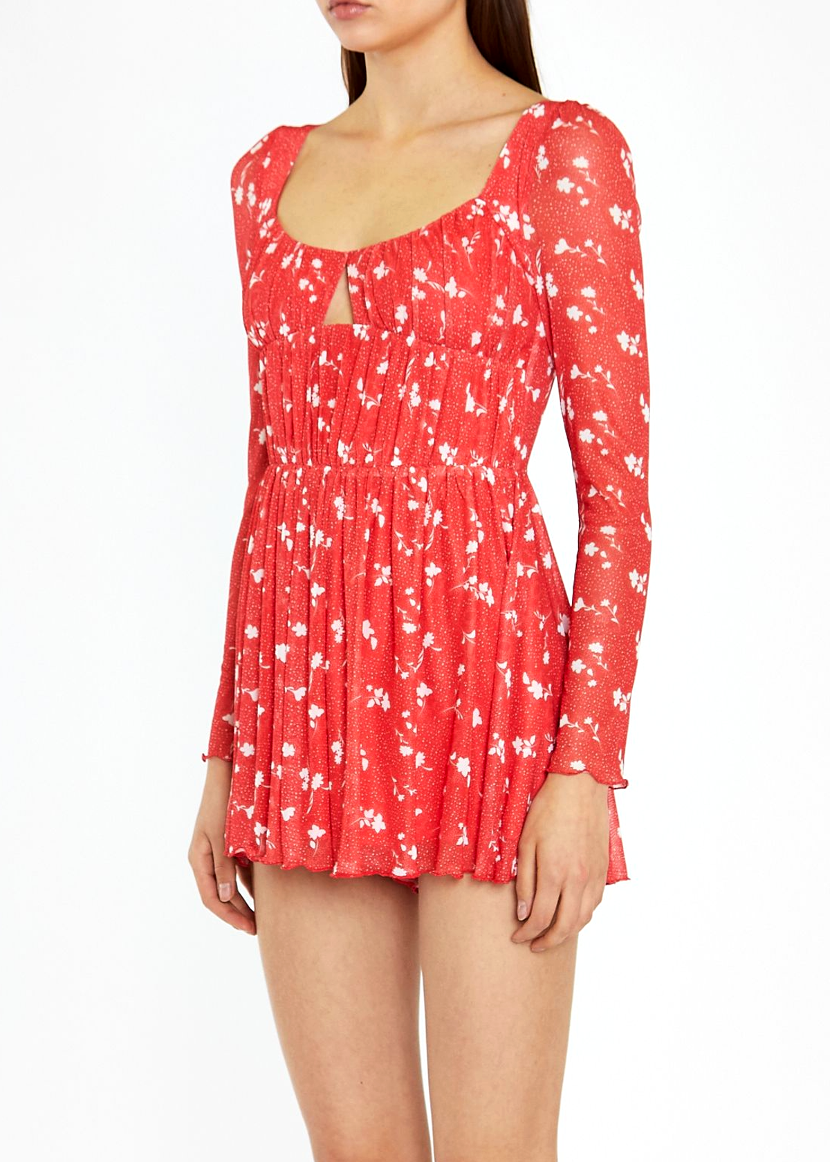 Slinky Stretchy Sun Faded Red and White Floral Mesh Long Sleeve Playsuit Romper by Glamorous UK