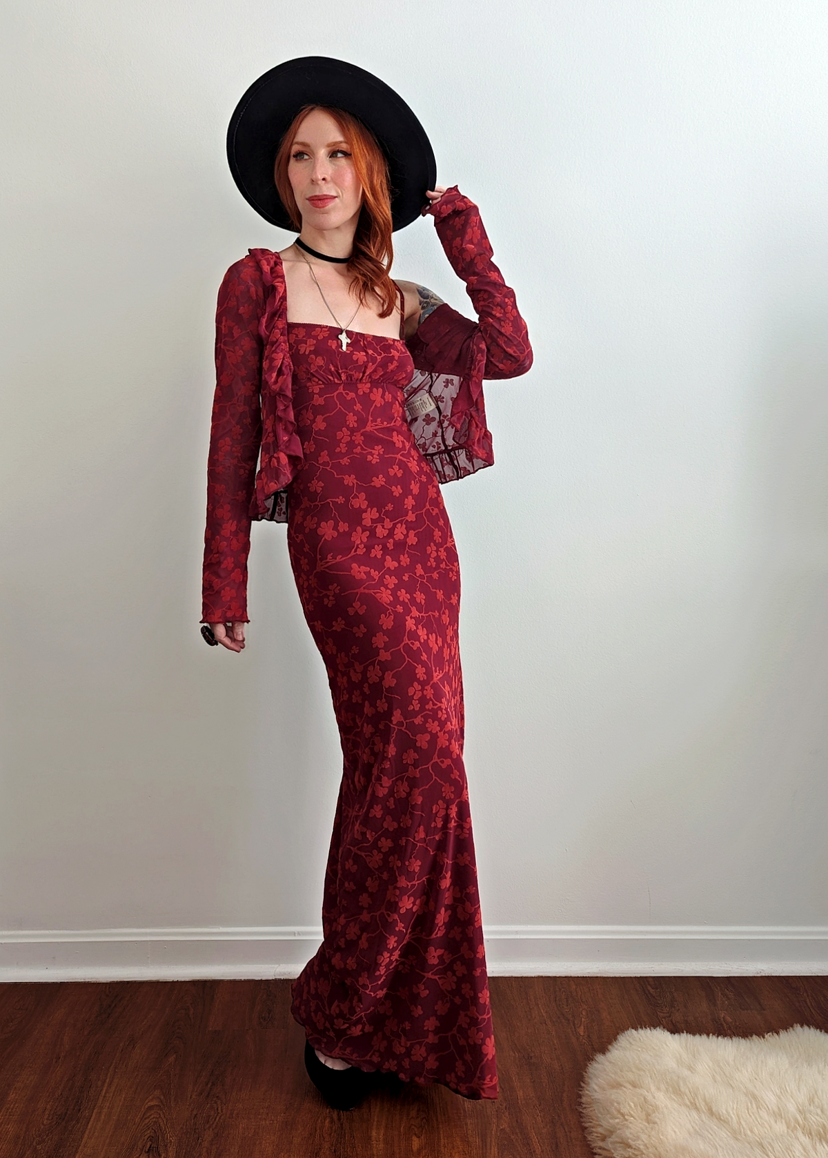 90s inspired burgundy red slinky mesh and flocked floral velvet maxi slip dress by Motel Rocks