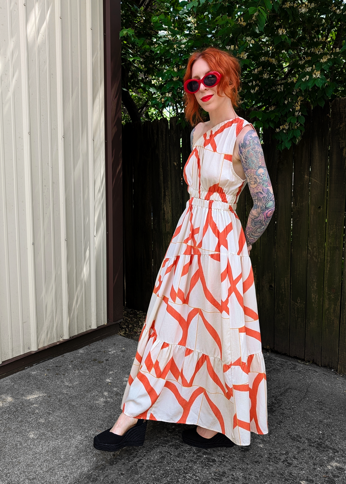 Yasmin One Shoulder Midi-Maxi Dress in Biege/Abstract Orange by Little Lies S Yasmin One Shoulder Midi-Maxi Dress in Biege/Abstract Orange by Little Lies S