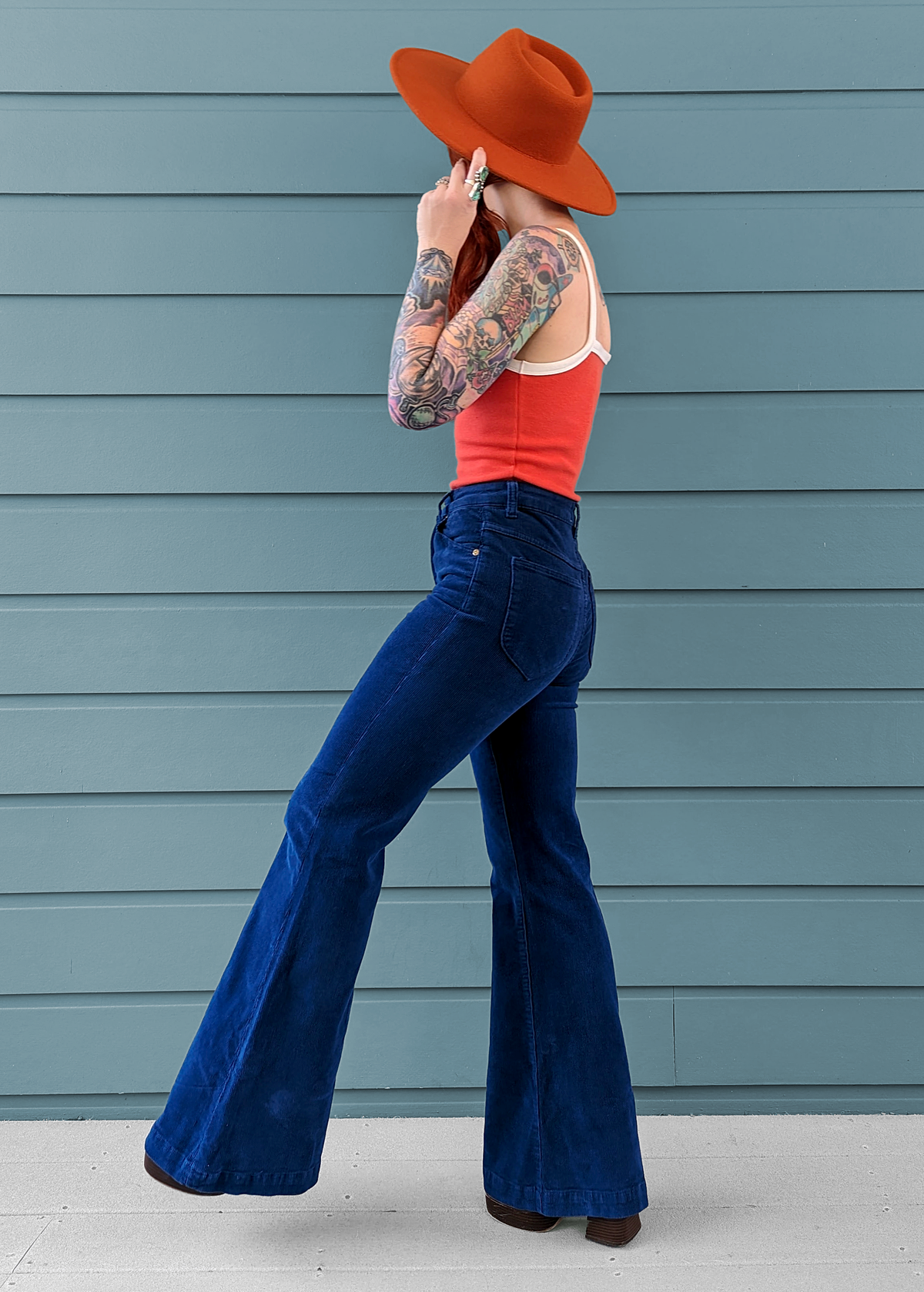 Rolla's Jeans Marine Blue Corduroy Eastcoast Flare: 70s inspired bell bottoms with a high rise waist, velvety soft thin wale corduroy, and a flare leg.