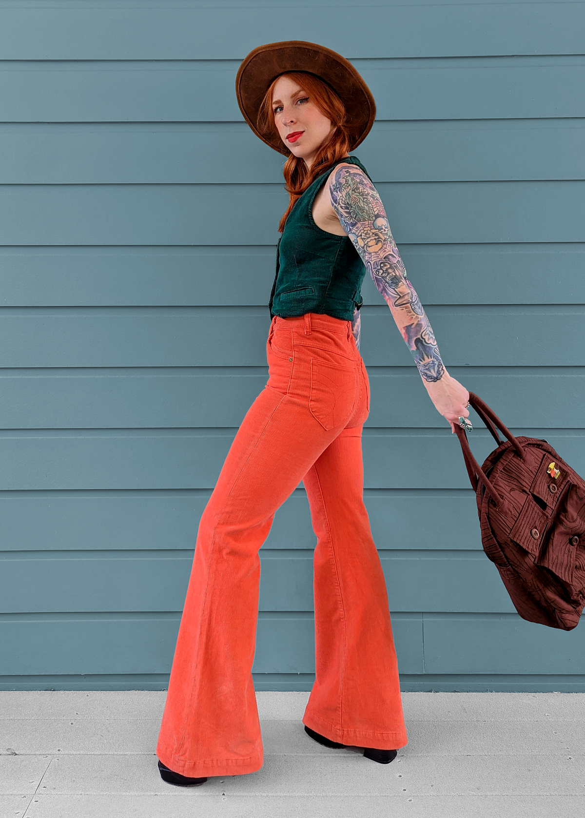 70s inspired Blood Orange Corduroy High Rise Waist Eastcoast Corduroy Flares by Rolla's Jeans