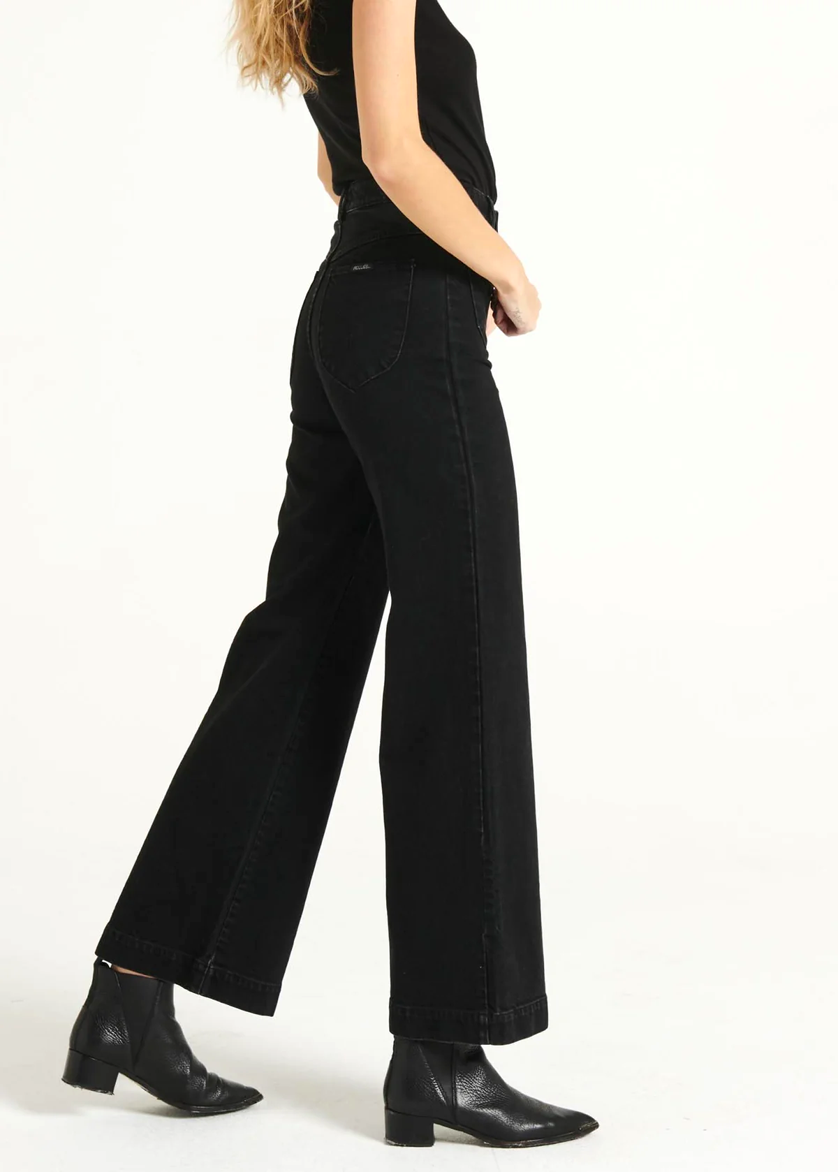 70s inspired Jet Black Stretch Denim Sailor Wide Leg Crop Ankle Length Denim Jean with patch front pockets and high rise waist by Rolla's Jeans