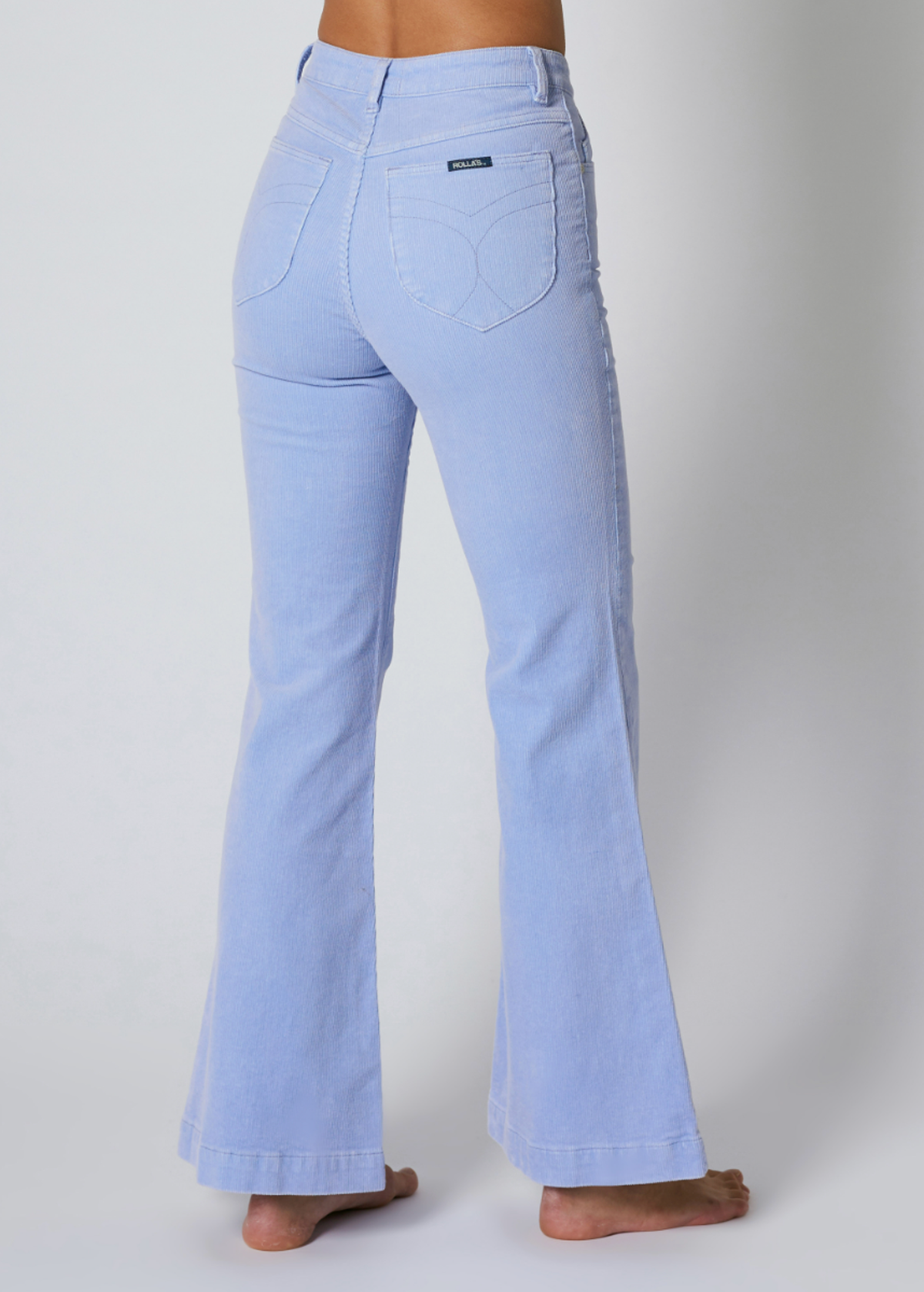 Rolla's Jeans Wisteria Blue Corduroy Flares. 70s inspired bell bottoms with a high rise waist, velvety thin wale corduroy, and a flare leg