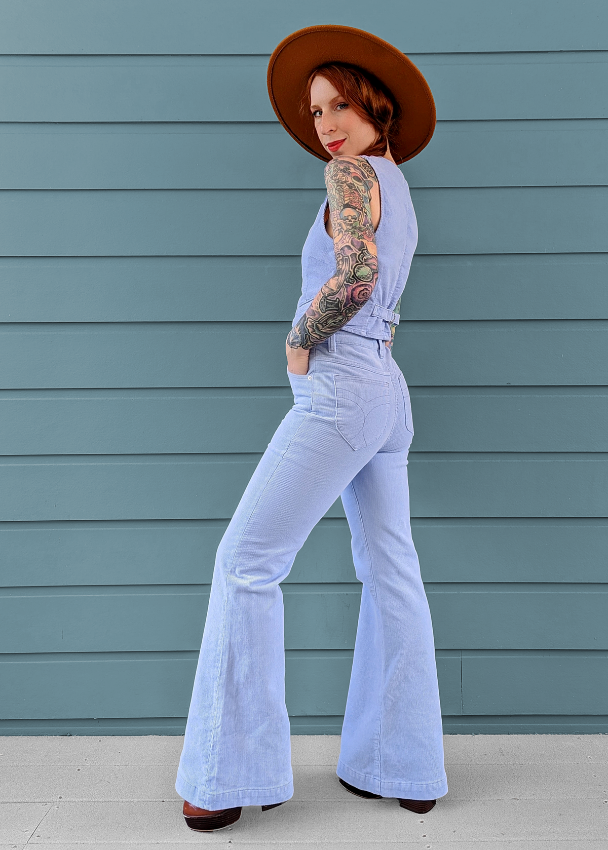 Rolla's Jeans Wisteria Blue Corduroy Flares. 70s inspired bell bottoms with a high rise waist, velvety thin wale corduroy, and a flare leg