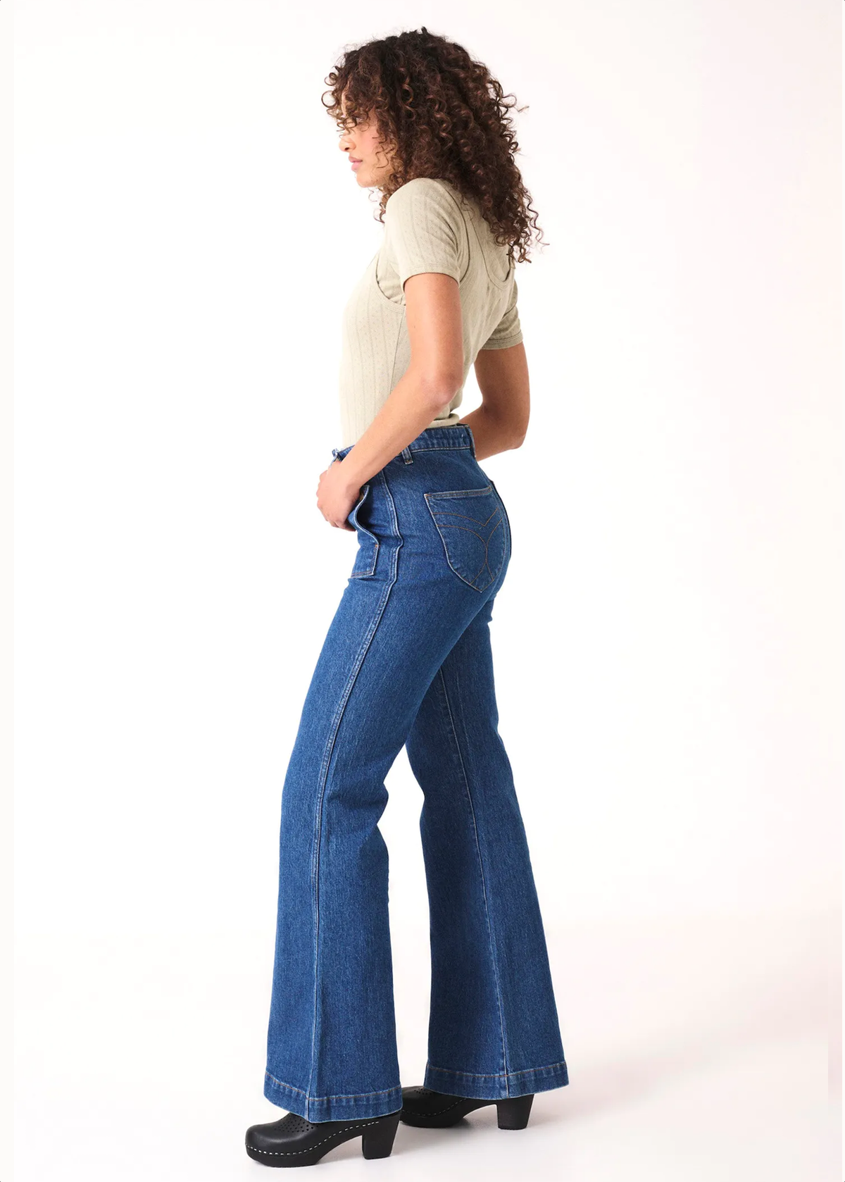 70s inspired organic cotton stretch Charlotte blue denim Eastcoast Flares with high rise waist and patch front pockets by Rolla's Jeans