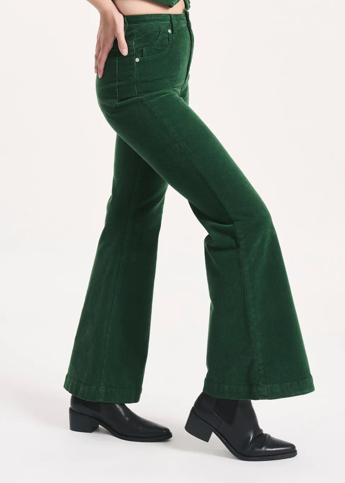 70s inspired High Waist Basil Green Corduroy Eastcoast Flares Bell Bottoms by Rolla's Jeans