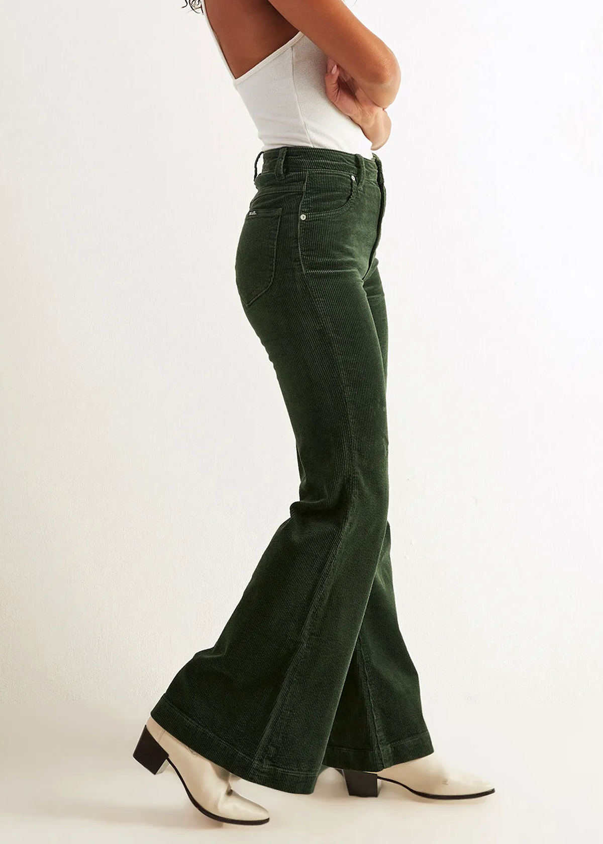 70s inspired Ivy Green Corduroy Eastcoast Flares with high rise waist by Rolla's Jeans