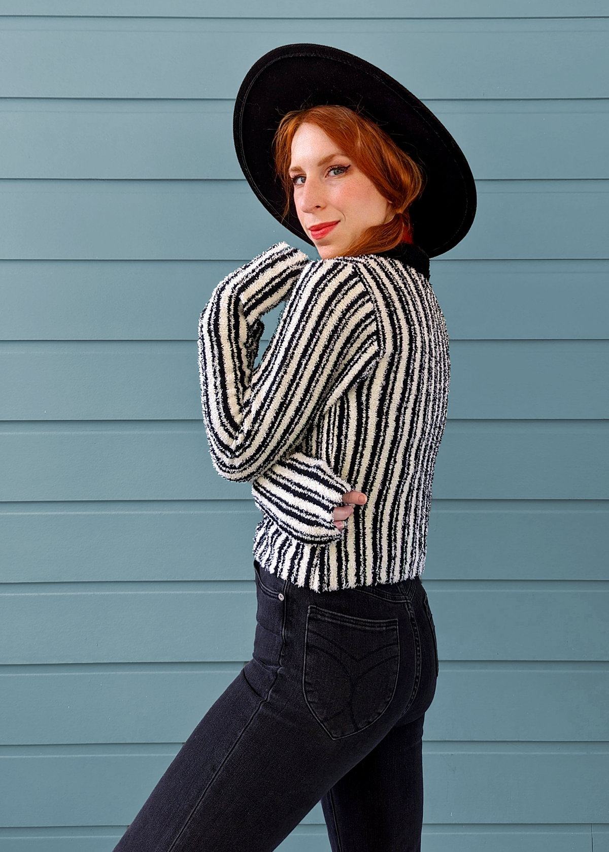 Black and Ivory Stripe Nubby Chenille Zip Cardigan with collar by Rationalle