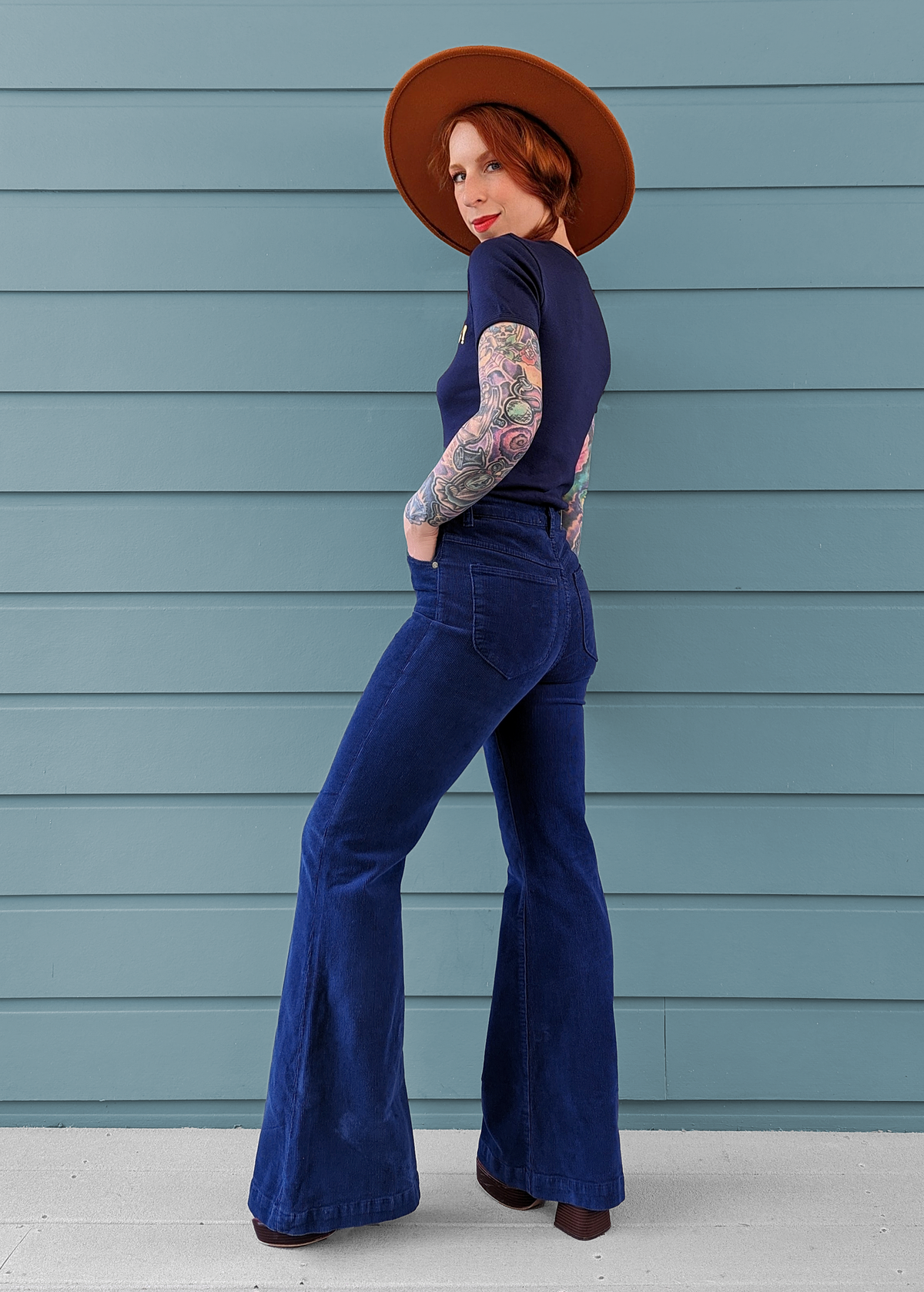 Rolla's Jeans Marine Blue Corduroy Eastcoast Flare: 70s inspired bell bottoms with a high rise waist, velvety soft thin wale corduroy, and a flare leg.