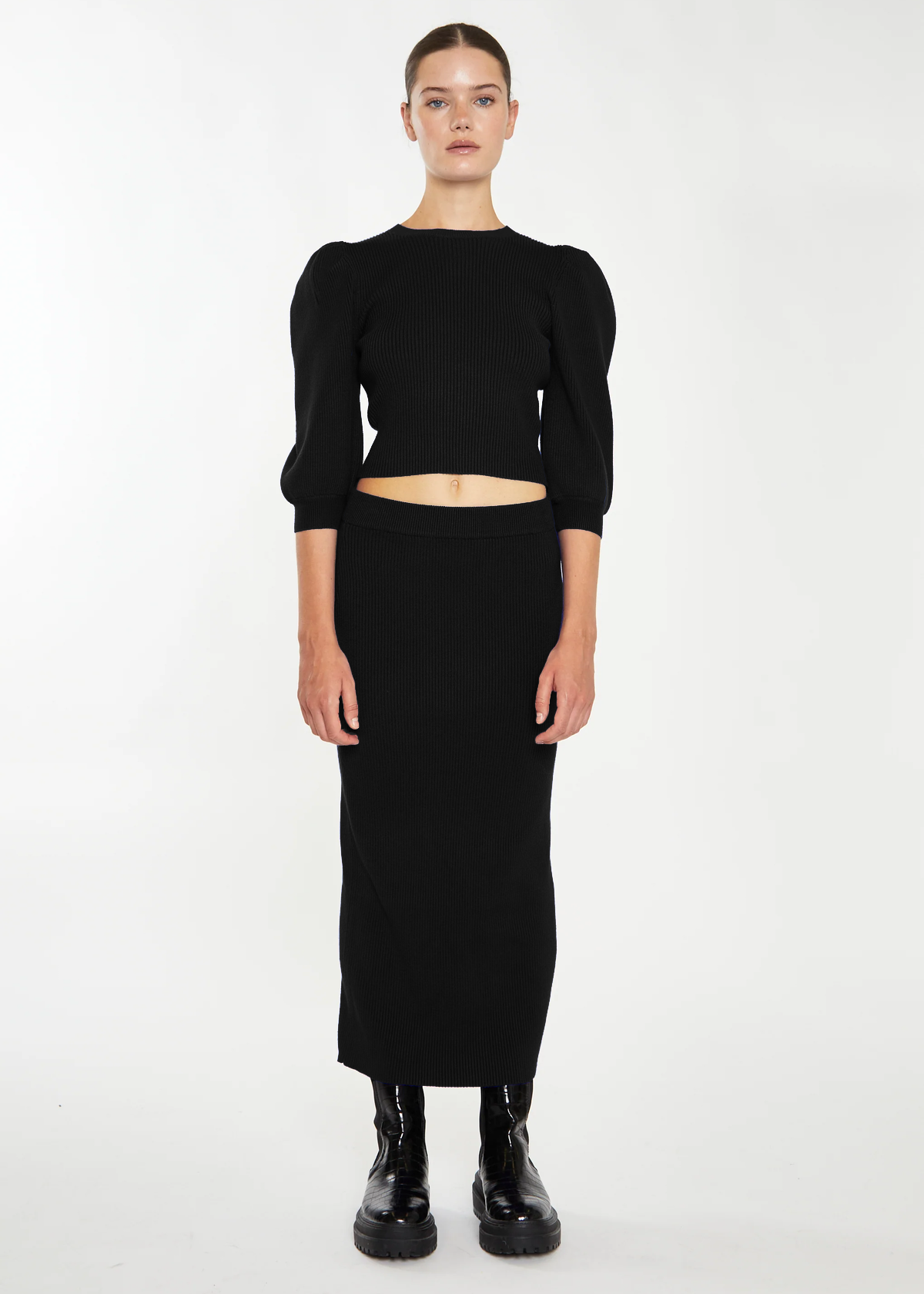 Be My Icon Black Rib Knit Midi-Maxi Skirt