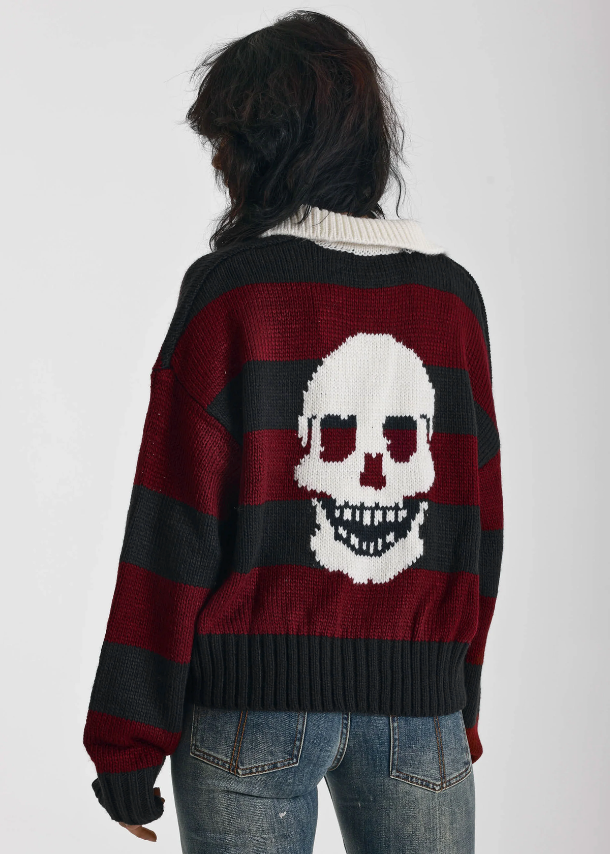 Trophy Stripe Skull Rugby Knit Polo Sweater