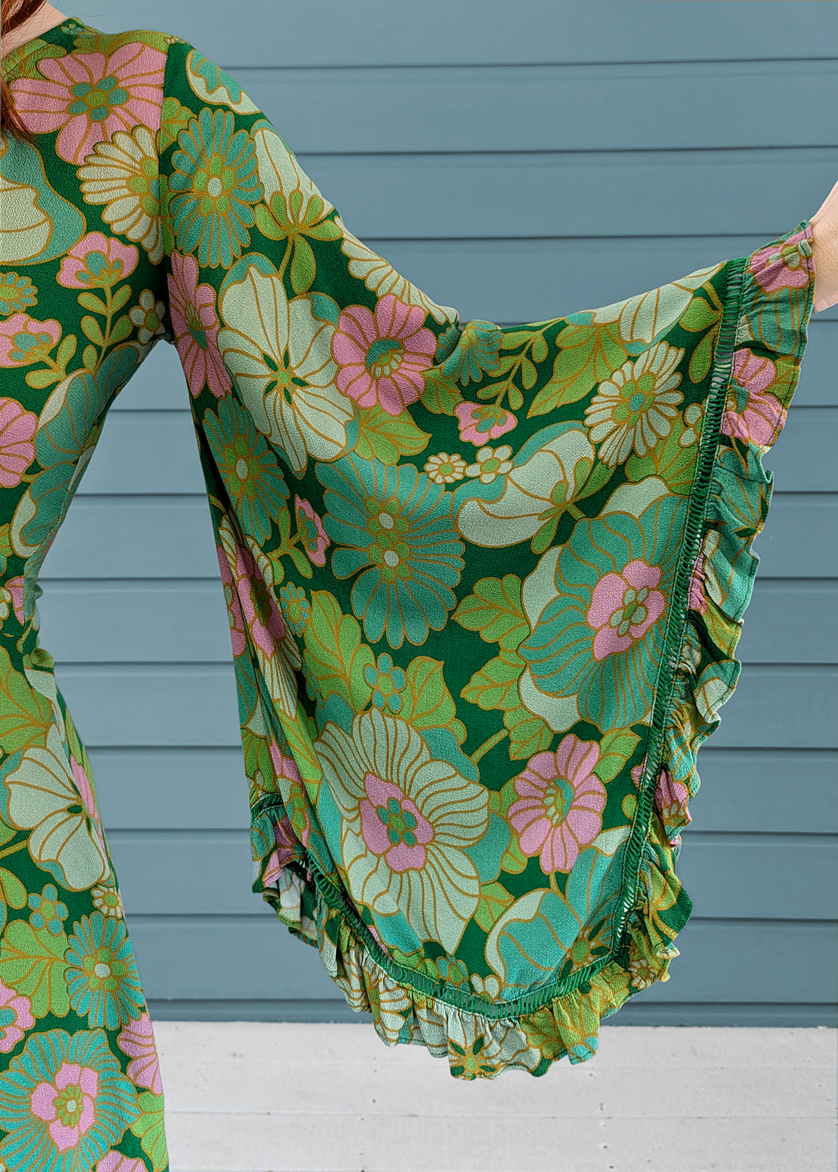 60s 70s inspired Angel Bell Sleeve Vixen Mini Dress in Arcadia green and pink floral by Nine Lives Bazaar