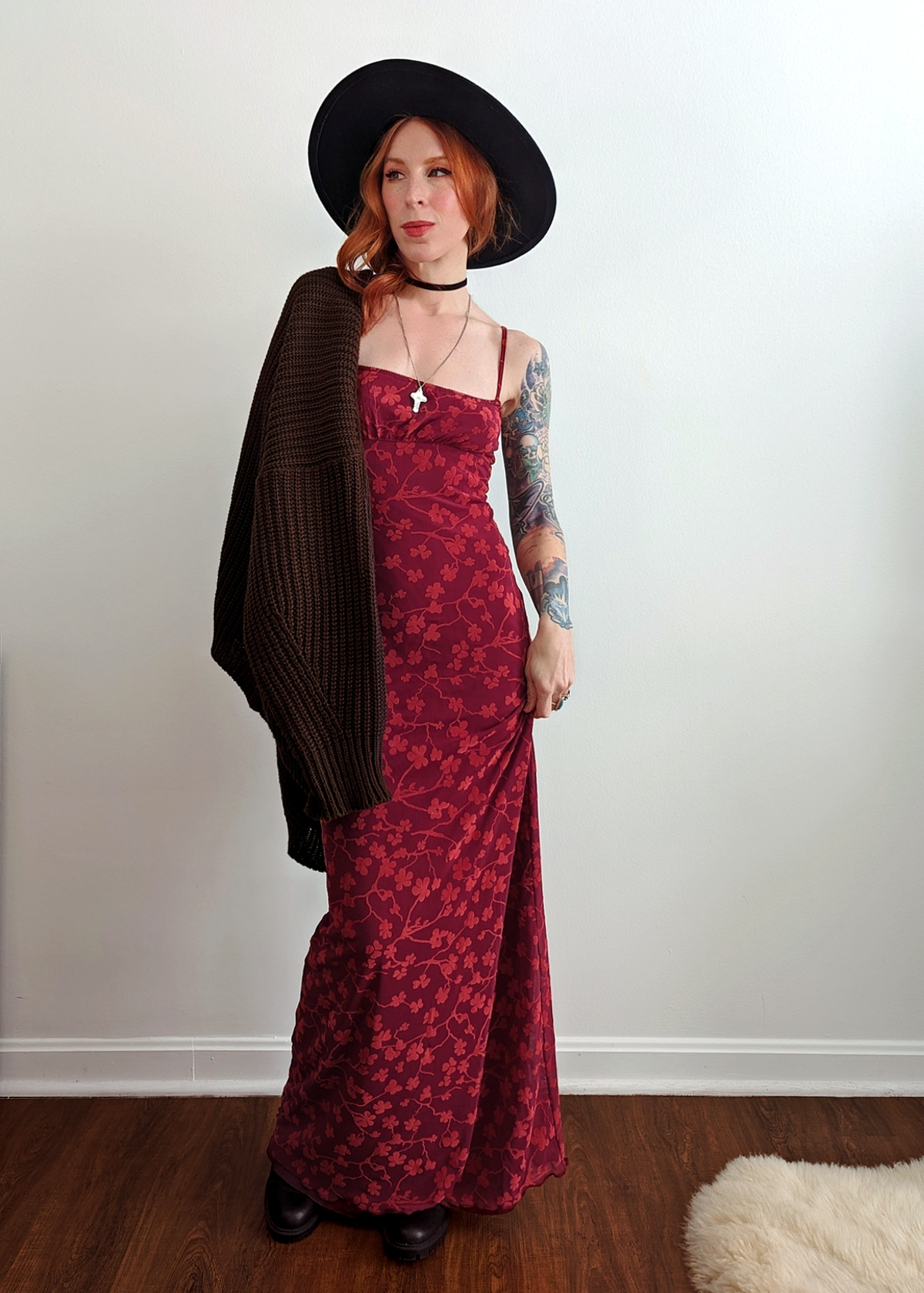 90s inspired burgundy red slinky mesh and flocked floral velvet maxi slip dress by Motel Rocks