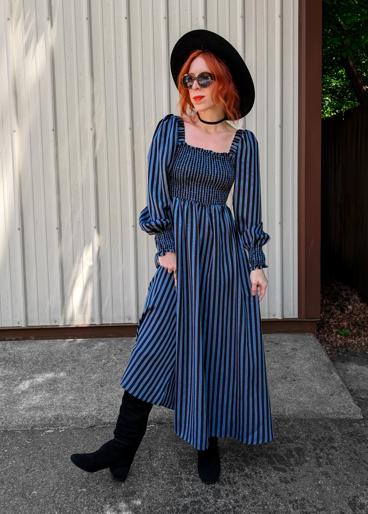 Lydia Black and Blue Stripe Midi Dress