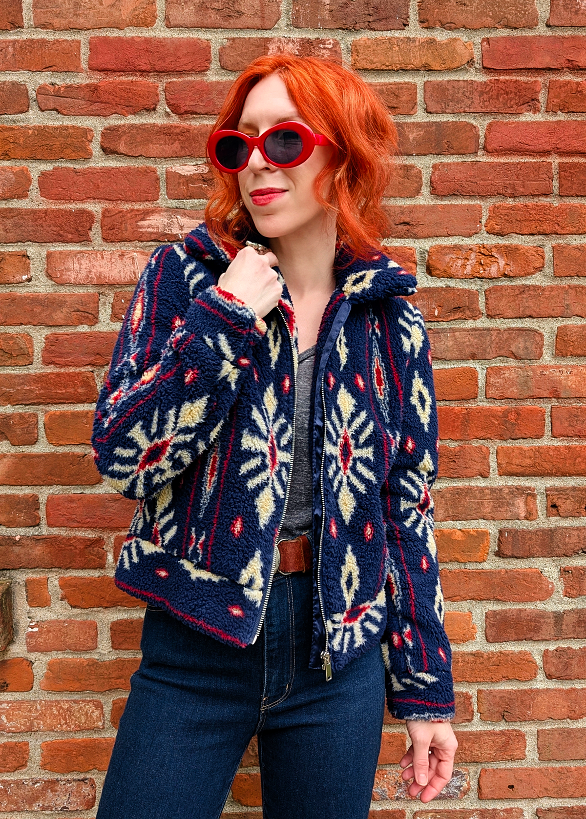 BOG Collective Navy and Garnet Southwest Sherpa Jacket with collar, zipper front, and snaps at cuffs