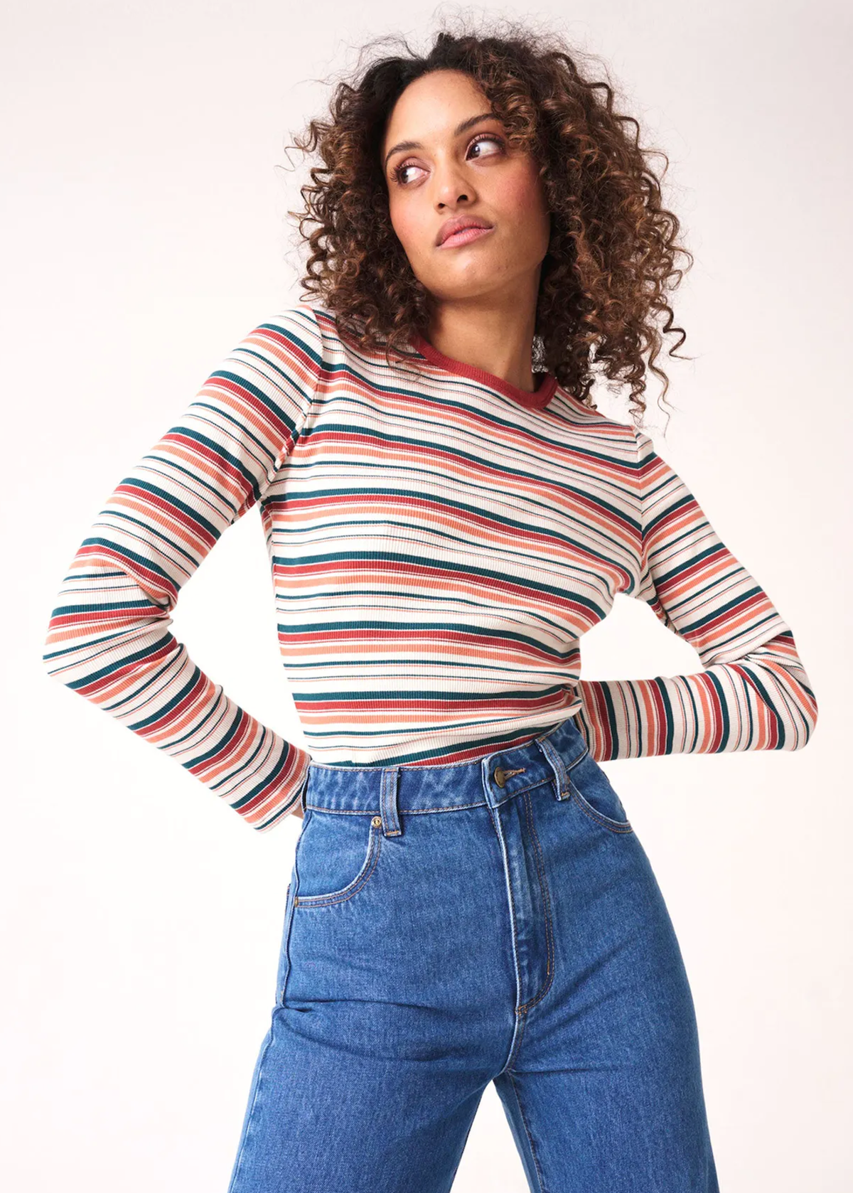 70s inspired long sleeve rib ringer tee with white, brick red, and teal stripe by Rolla's Jeans, Dazed and Confused vibes