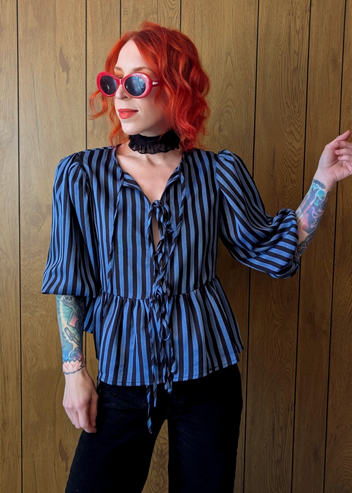 Lora Black and Blue Stripe Tie Front Top