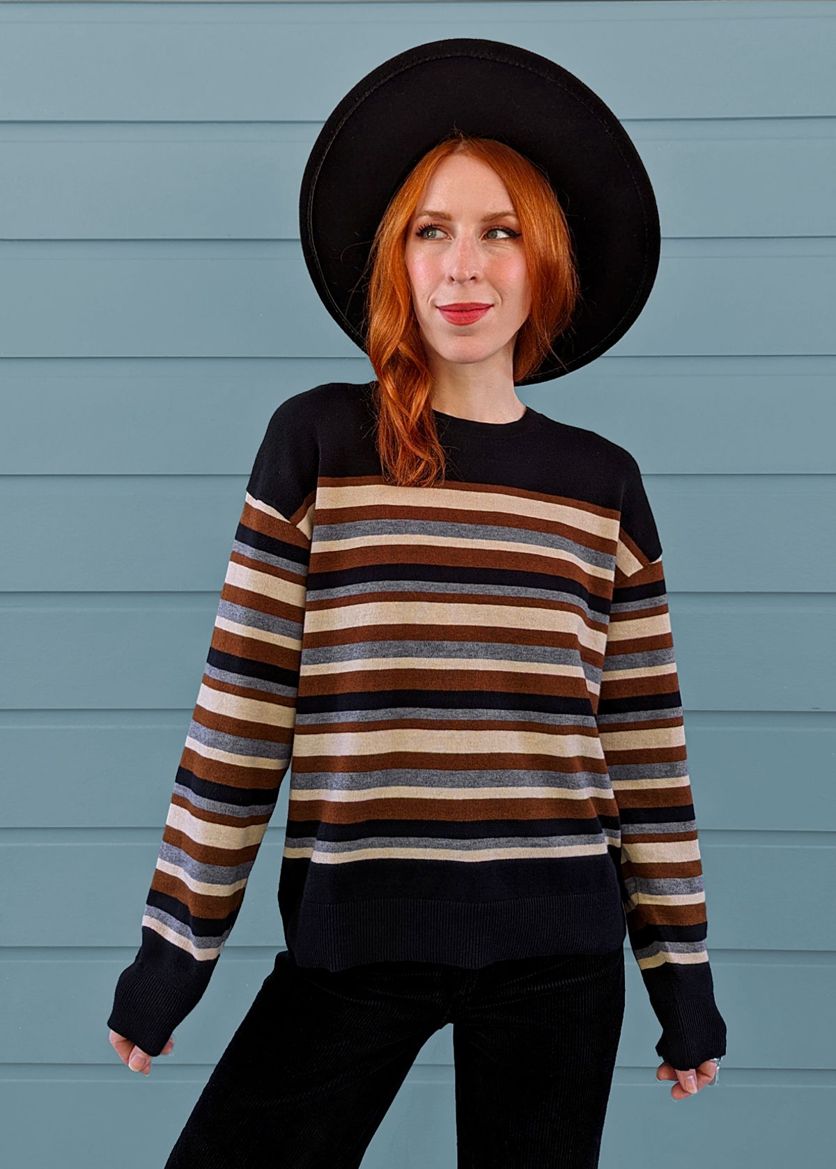 90s inspired black, brown, beige, and brown stripe slouchy fit sweater by Nice Things by Paloma S. 