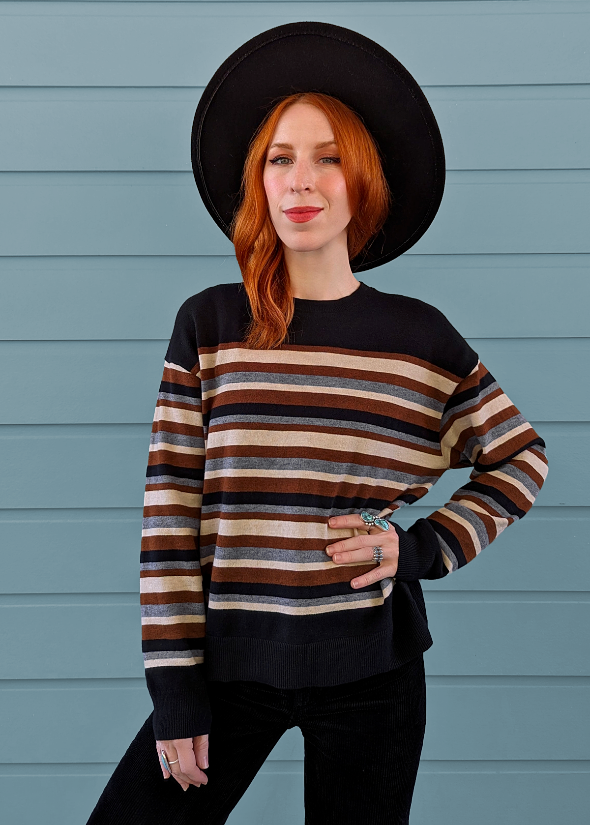 90s inspired black, brown, beige, and brown stripe slouchy fit sweater by Nice Things by Paloma S. 