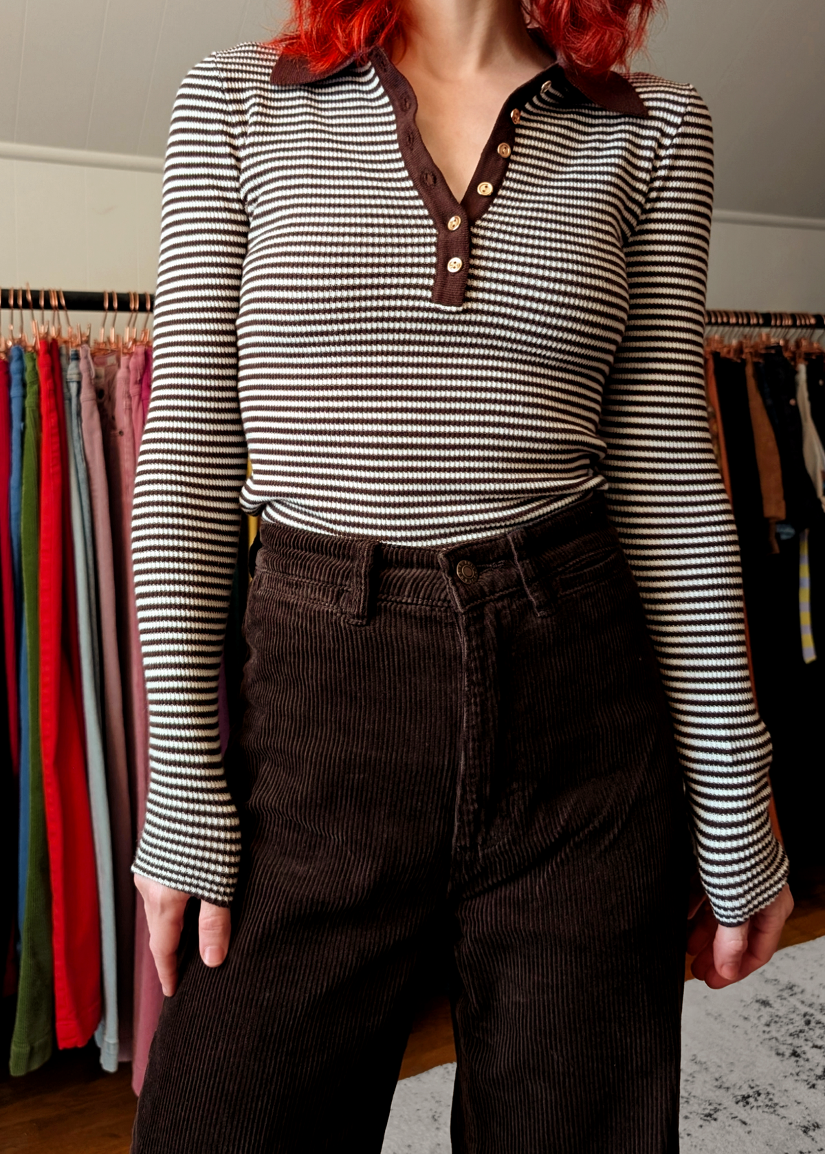 Chocolate Stripe Rib Knit Polo Top