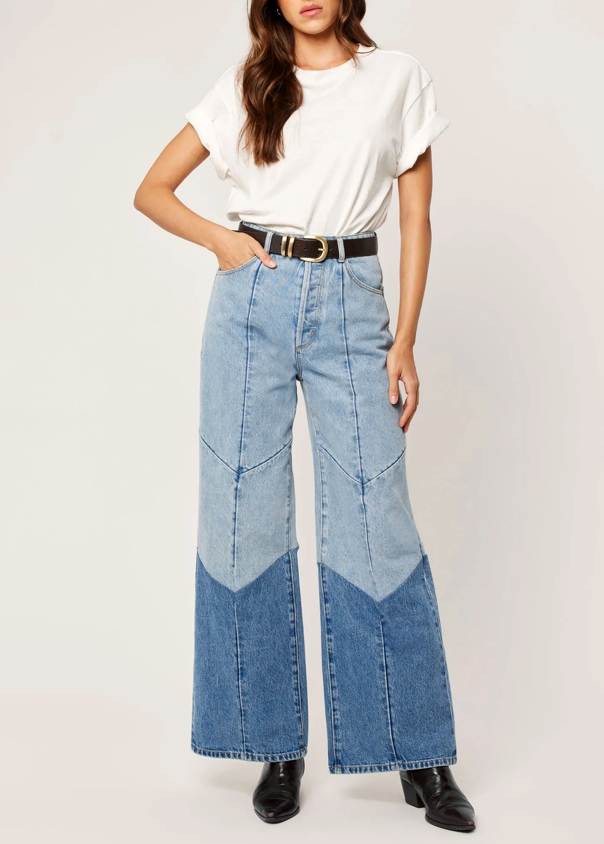 Chevron Patchwork Denim Wide Leg Studio Flares  <br> <i> IN STOCK SOON! </i>