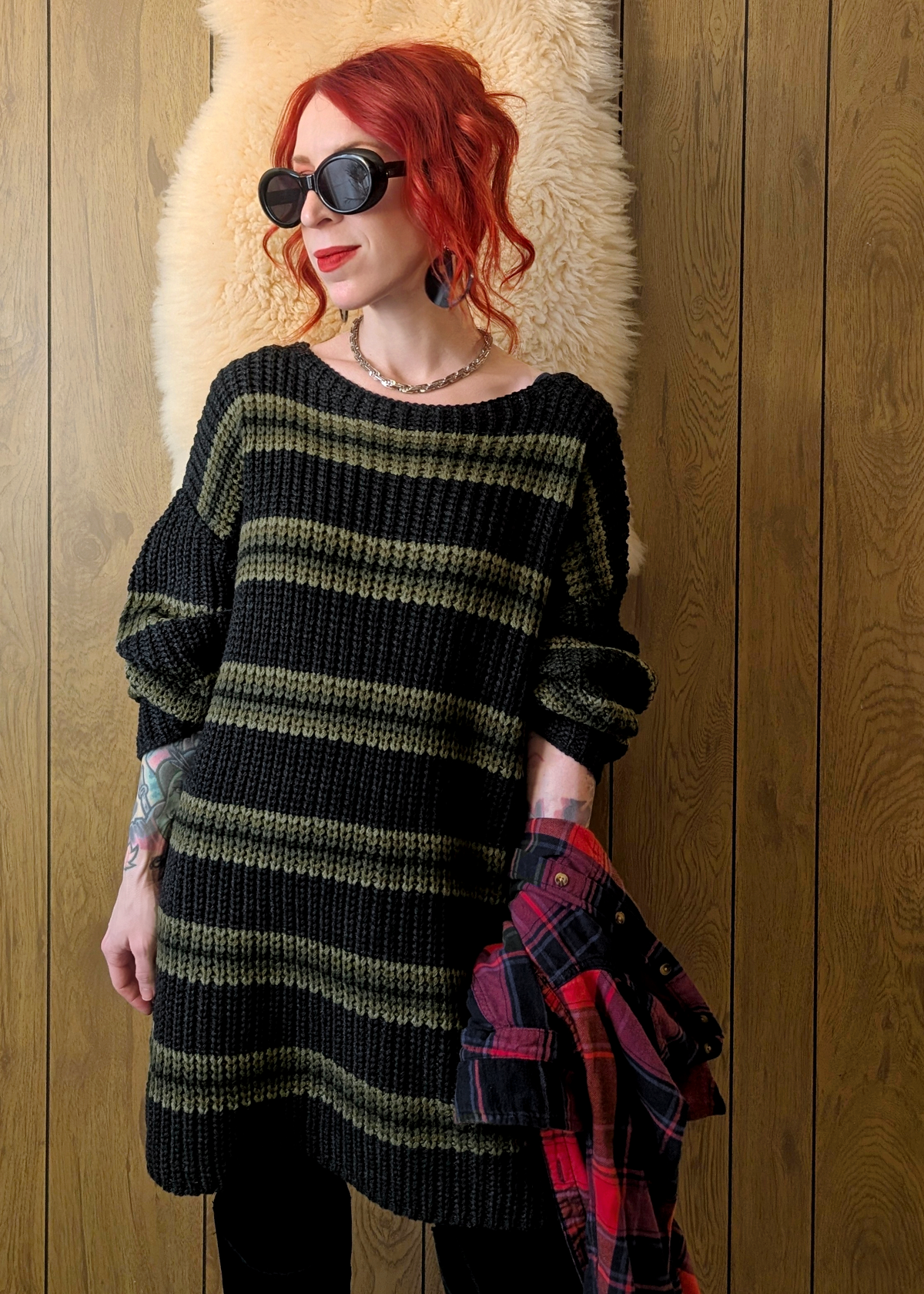 green and red striped sweater dress Women's Fairway to Friday Green & Light Blue Stripe Layered Sweater Mini Dress | Size: L