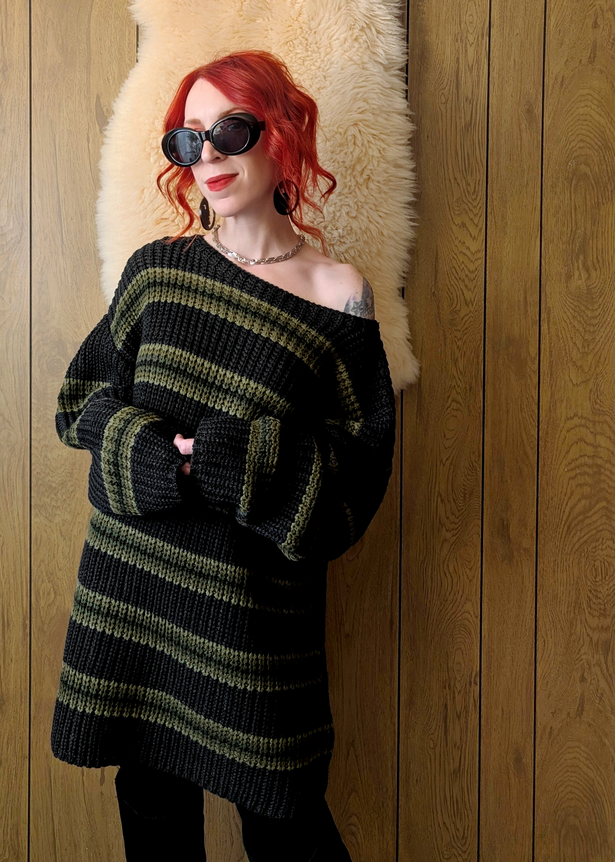 Idol Charcoal and Olive Green Stripe Oversized Knit Grunge Tunic Sweater Dress by Ragged Priest S Idol Charcoal and Olive Green Stripe Oversized Knit Grunge Tunic Sweater Dress by Ragged Priest S