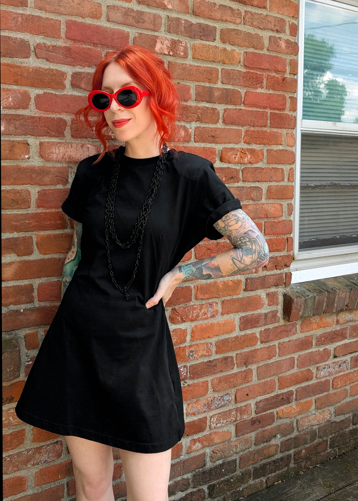 black dress t-shirt Black Cotton T-Shirt Mini Dress with Shoulder Pads