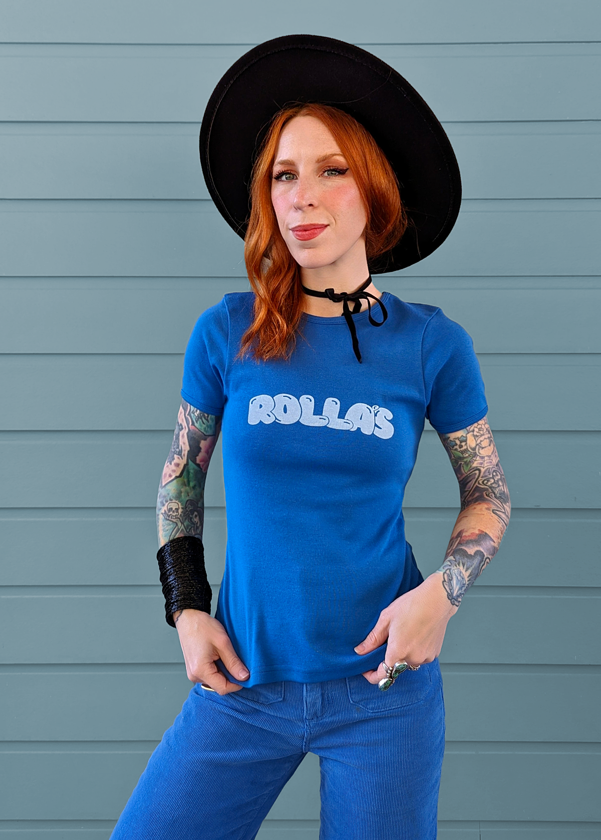 70s inspired cobalt blue Rolla's Bubble logo ringer rib short sleeve tee by Rolla's Jeans