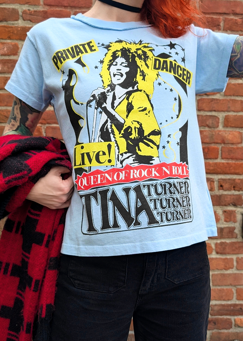 Person wearing a pale blue T-shirt with a graphic design of Tina Turner and text.