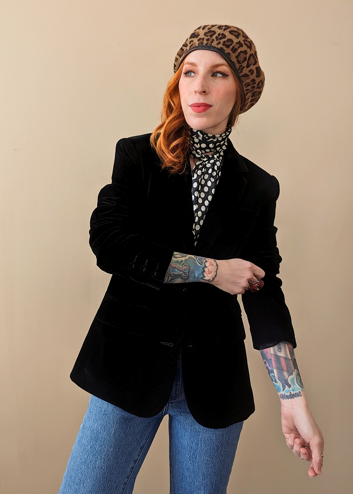 Rolla's Jeans Classic Black Velvet Blazer with padded shoulders and velvet covered buttons