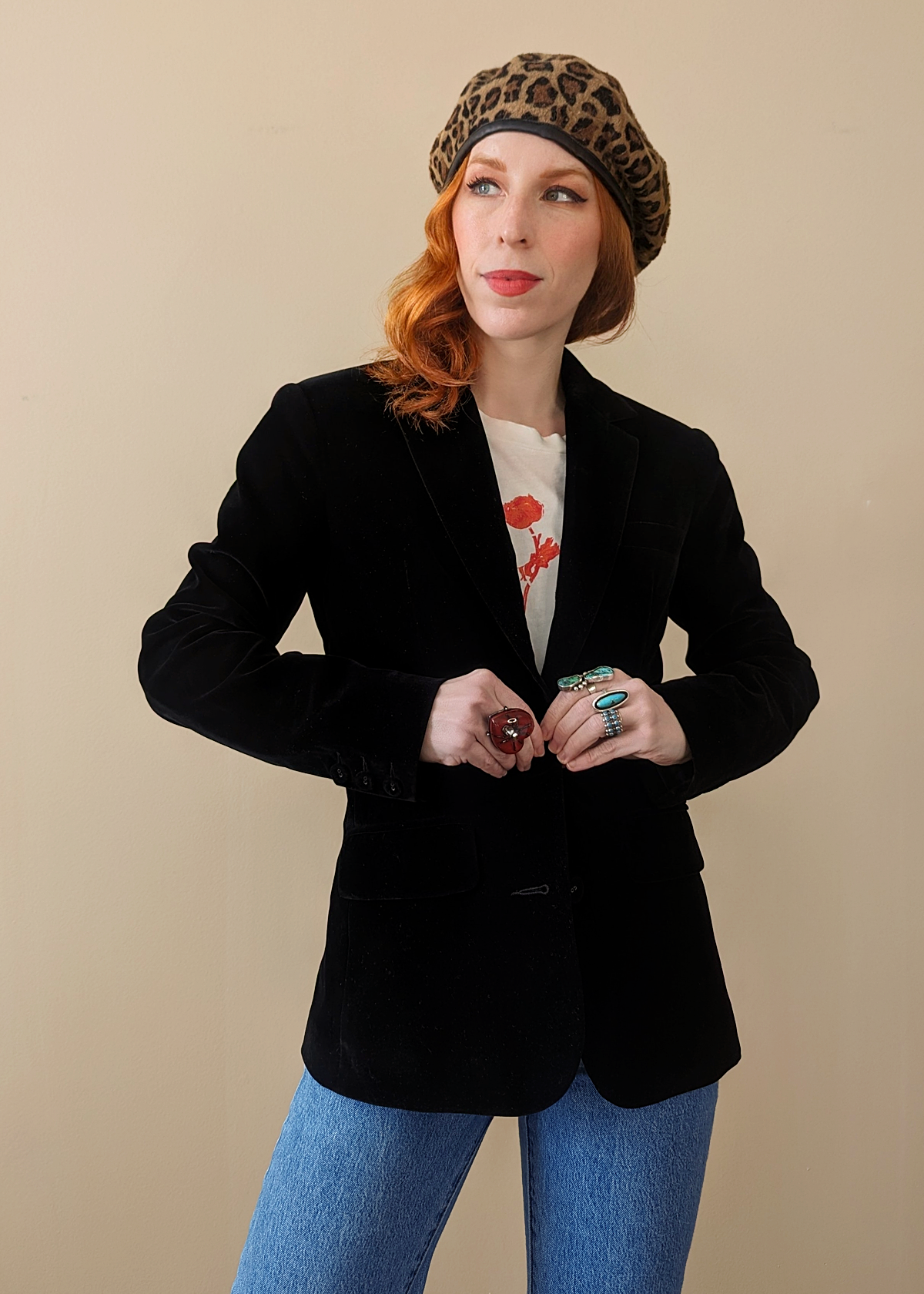 Rolla's Jeans Classic Black Velvet Blazer with padded shoulders and velvet covered buttons