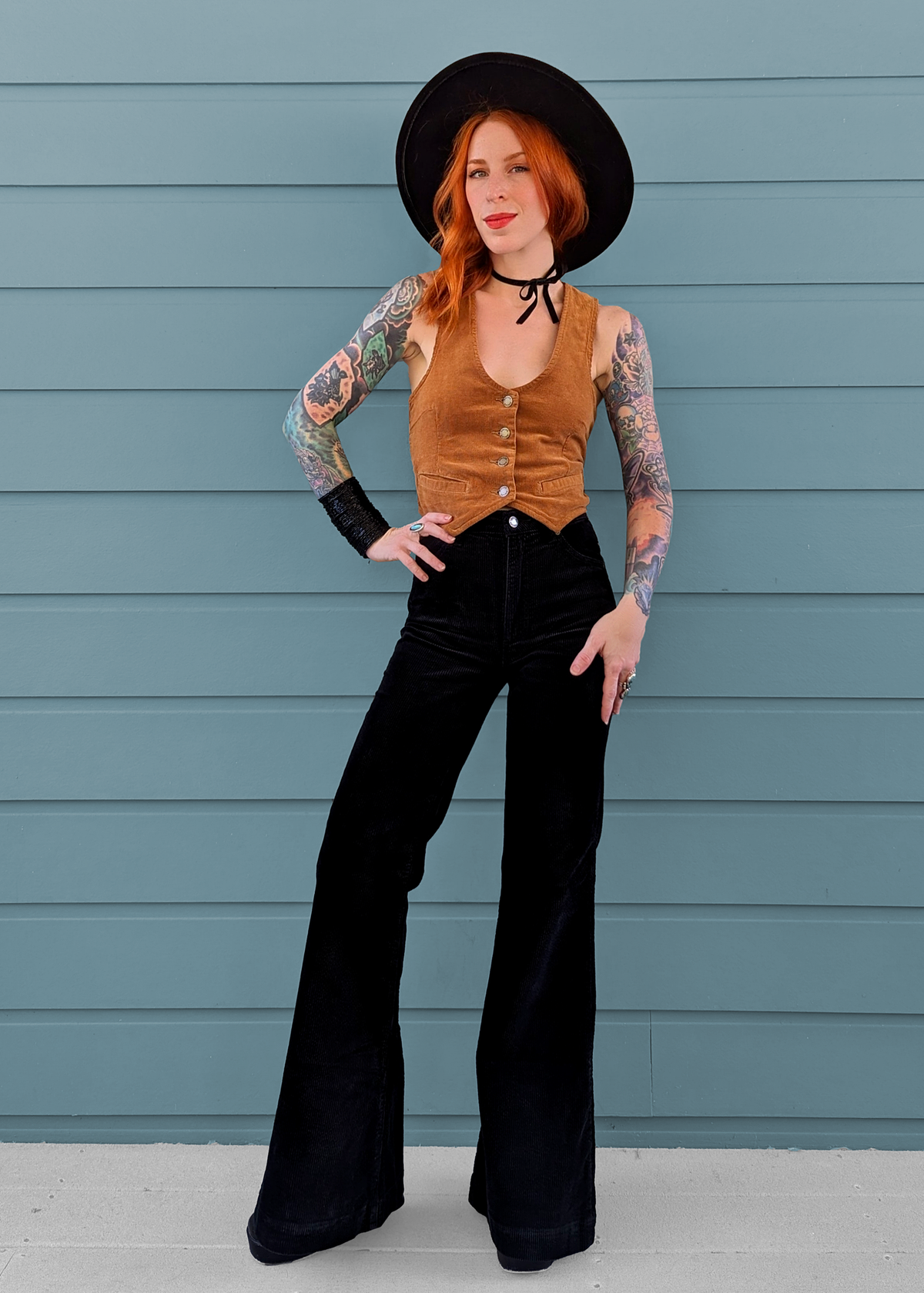 Rolla's Jeans Black Velvet Corduroy Eastcoast Flares: 70s inspired bell bottoms with a high rise waist, wide wale corduroy and a flare leg.