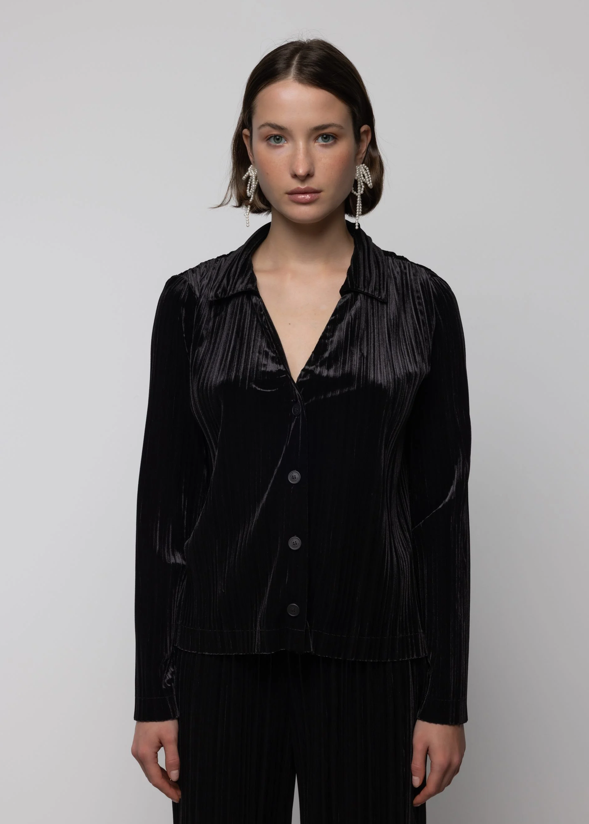Black Velvet Pleated Shirt <br> <I> Coming soon! </I>