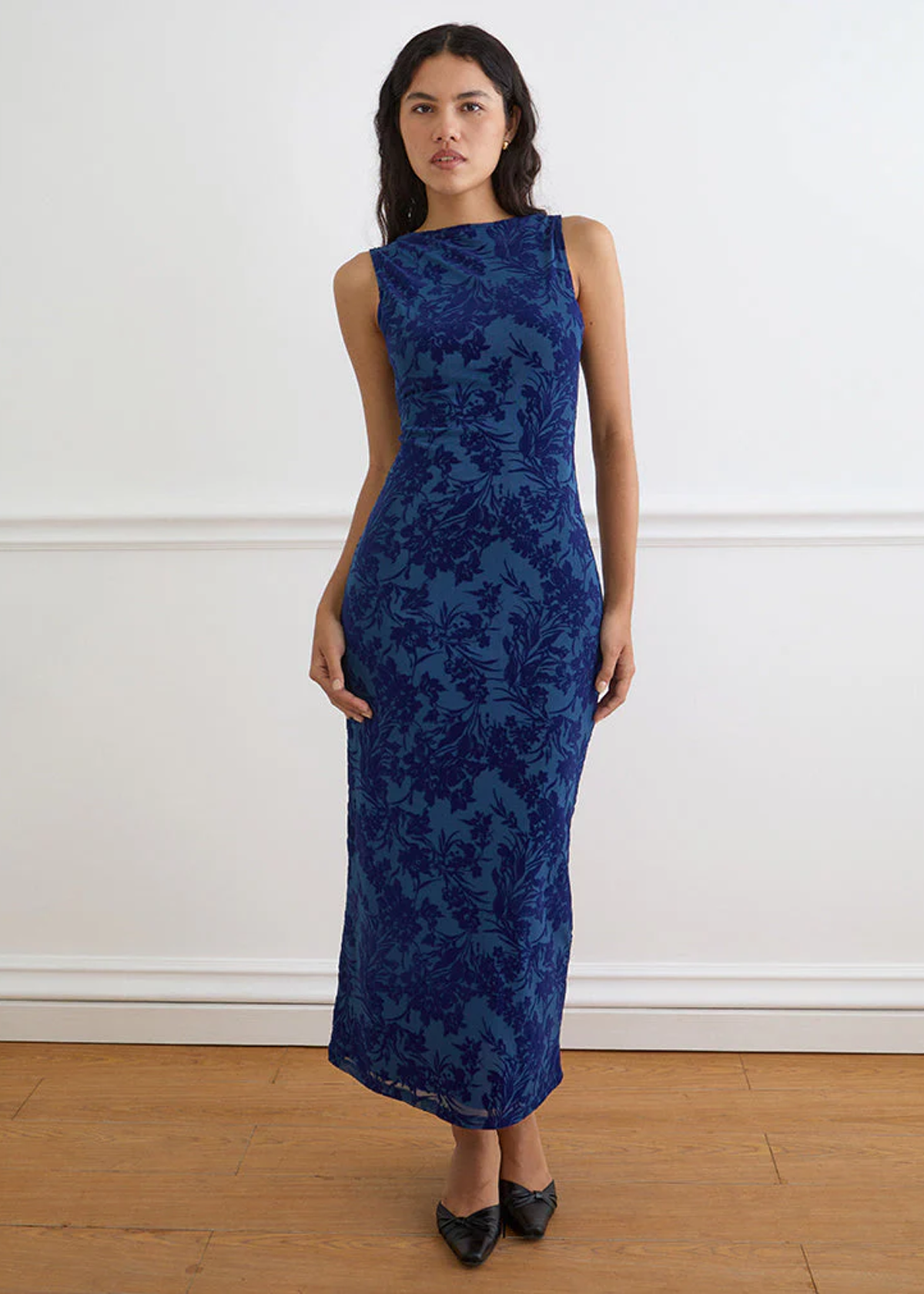 beach wedding dresses for mom Ventura 90s inspired Midnight Navy Blue Mesh and Leaf Flocked Velvet Midi  Maxi Dress by Motel Rocks – Black Salt