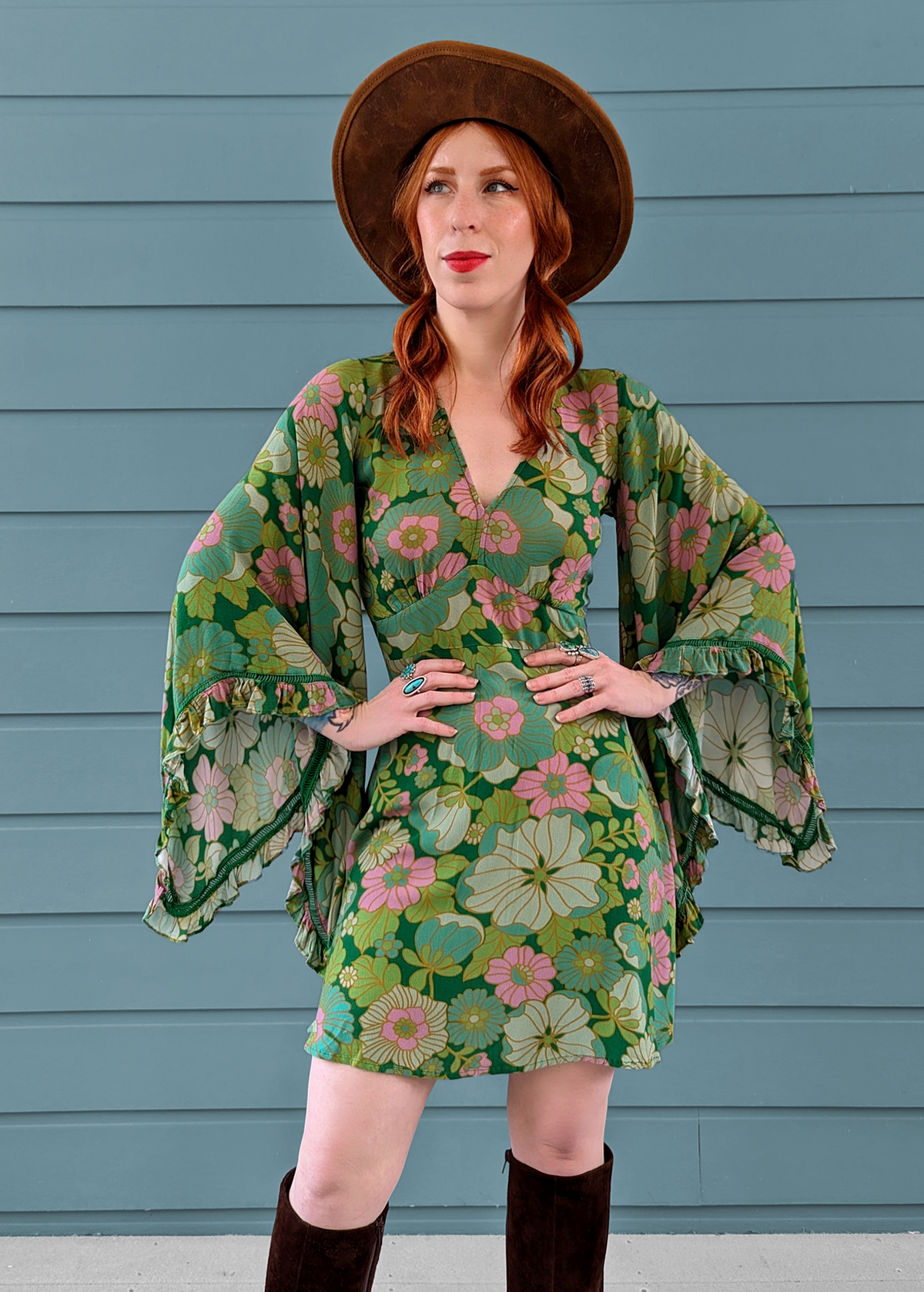 60s 70s inspired Angel Bell Sleeve Vixen Mini Dress in Arcadia green and pink floral by Nine Lives Bazaar