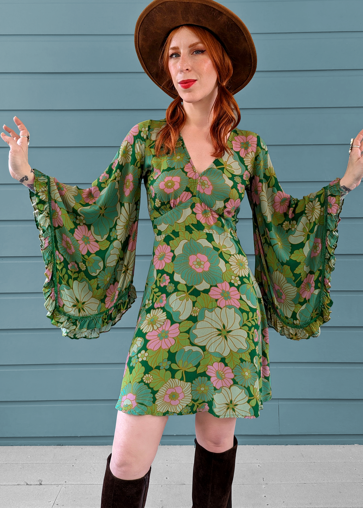 60s 70s inspired Angel Bell Sleeve Vixen Mini Dress in Arcadia green and pink floral by Nine Lives Bazaar