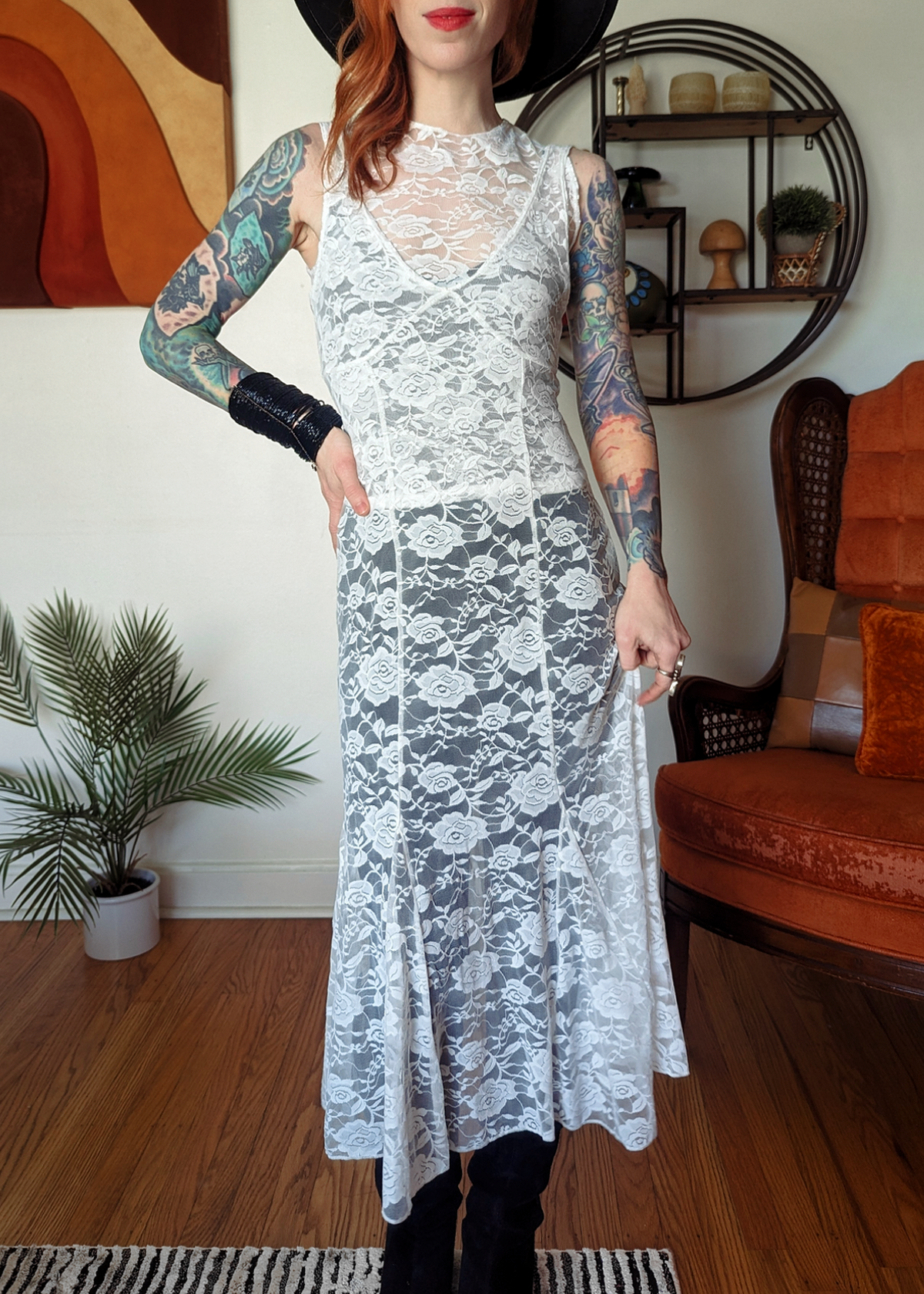 90s inspired sheer unlined white lace floral midi dress with sleeveless design and deep-v neckline by Motel Rocks Stevie Nicks Vibes